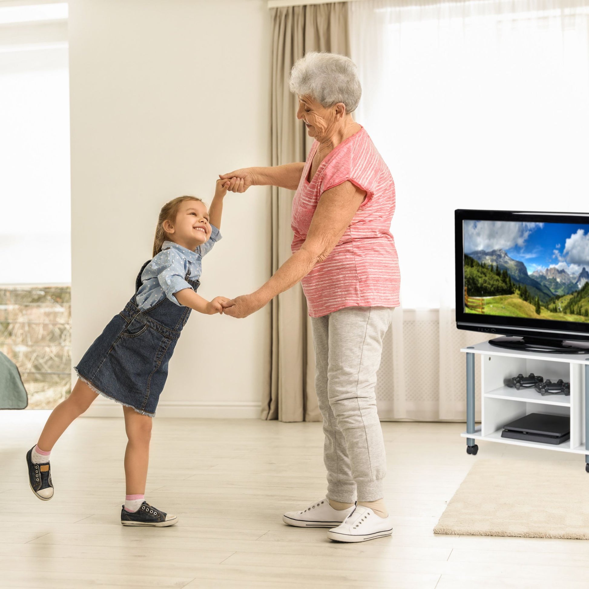 TV Tisch mit Rollen und 2 Fächern Weiss-Grau von Relaxdays