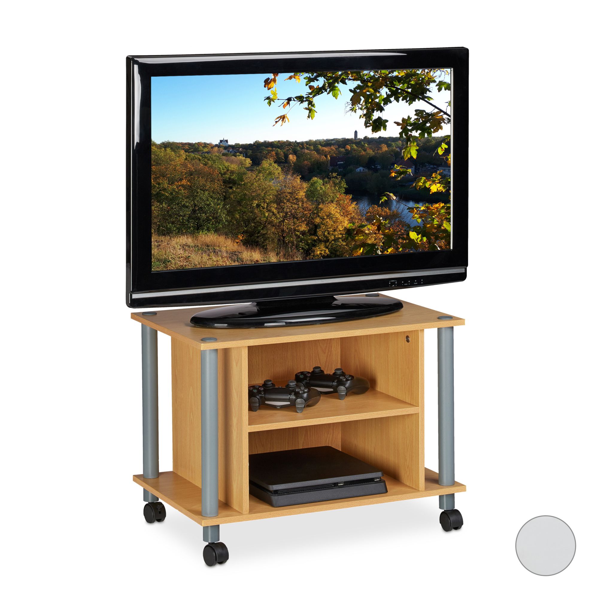TV Tisch mit Rollen und 2 Fächern Hellbraun-Grau von Relaxdays