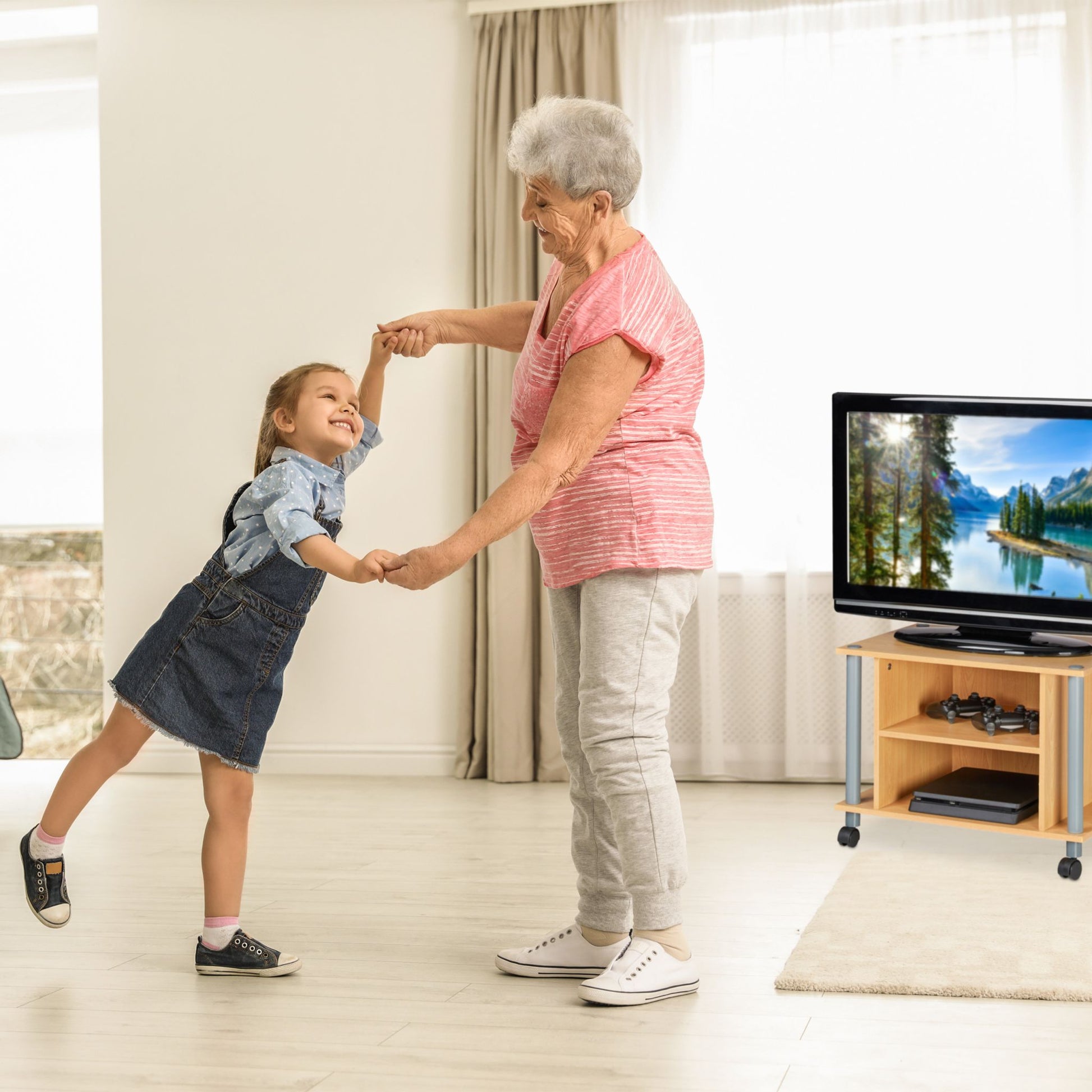 TV Tisch mit Rollen und 2 Fächern Hellbraun-Grau von Relaxdays