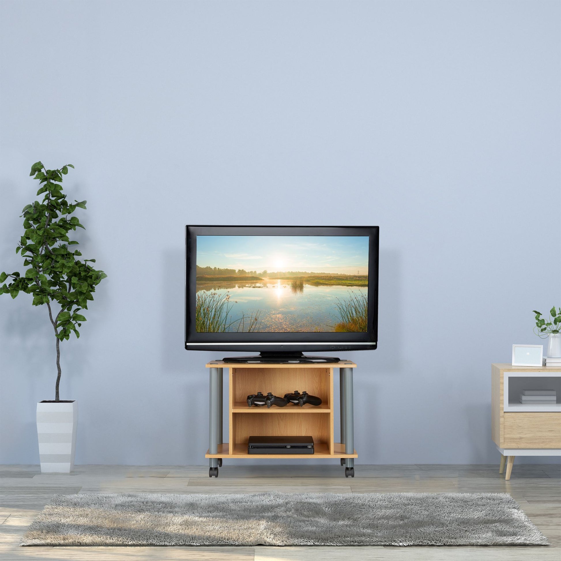 TV Tisch mit Rollen und 2 Fächern Hellbraun-Grau von Relaxdays