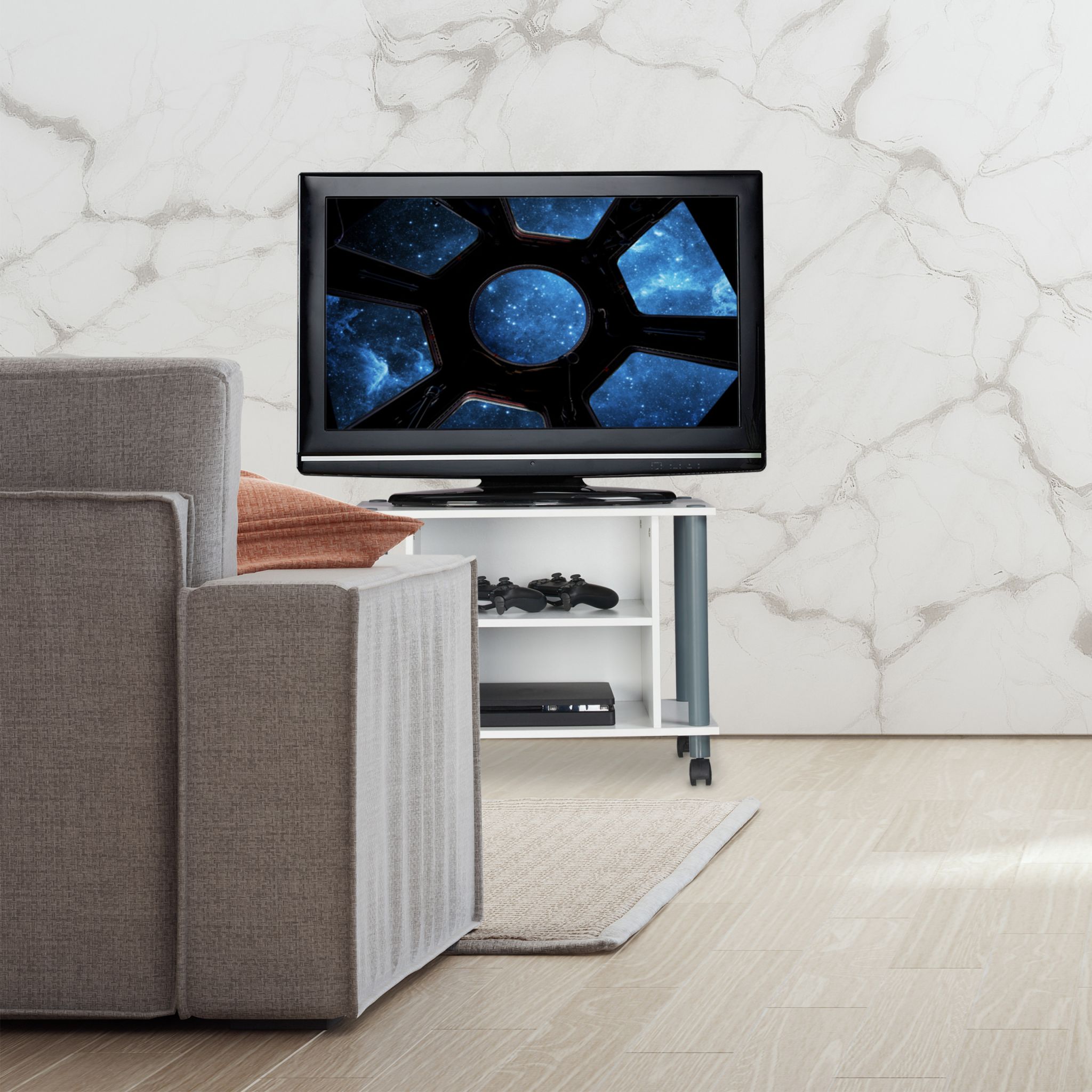 TV Tisch mit Rollen und 2 Fächern Hellbraun-Grau von Relaxdays