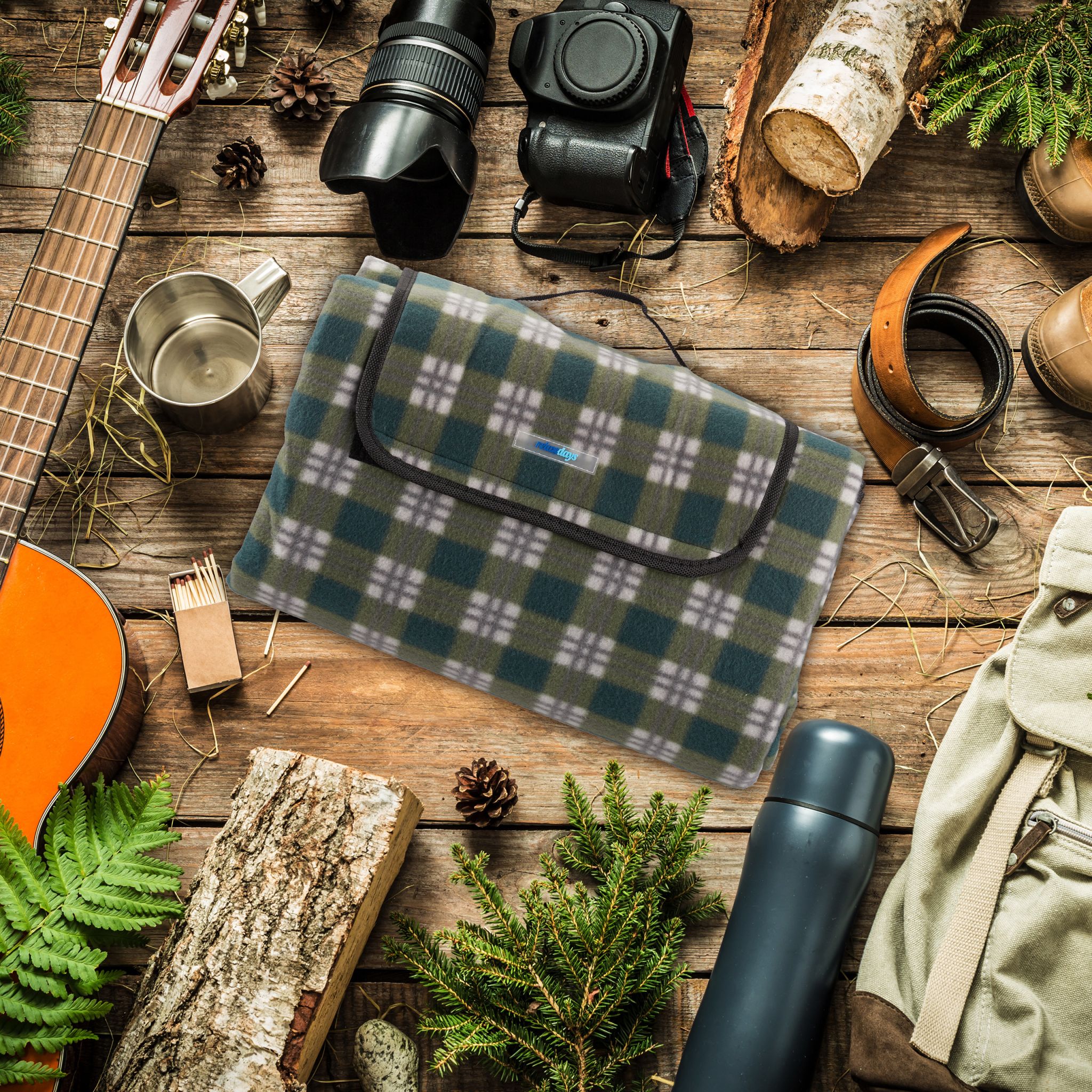 Picknickdecke Karo Dunkelgrün-Grau von Relaxdays