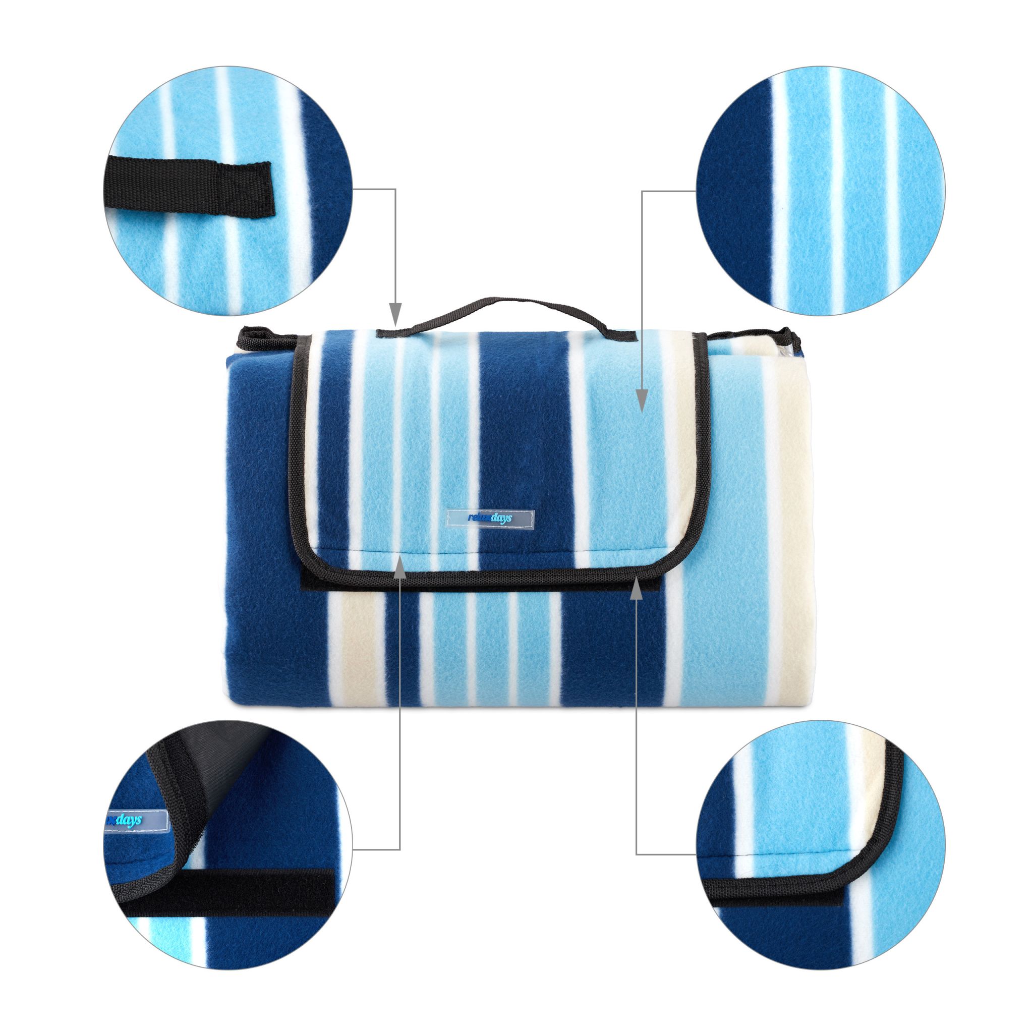 Picknickdecke Streifen Weiss-Dunkelblau-Hellblau von Relaxdays
