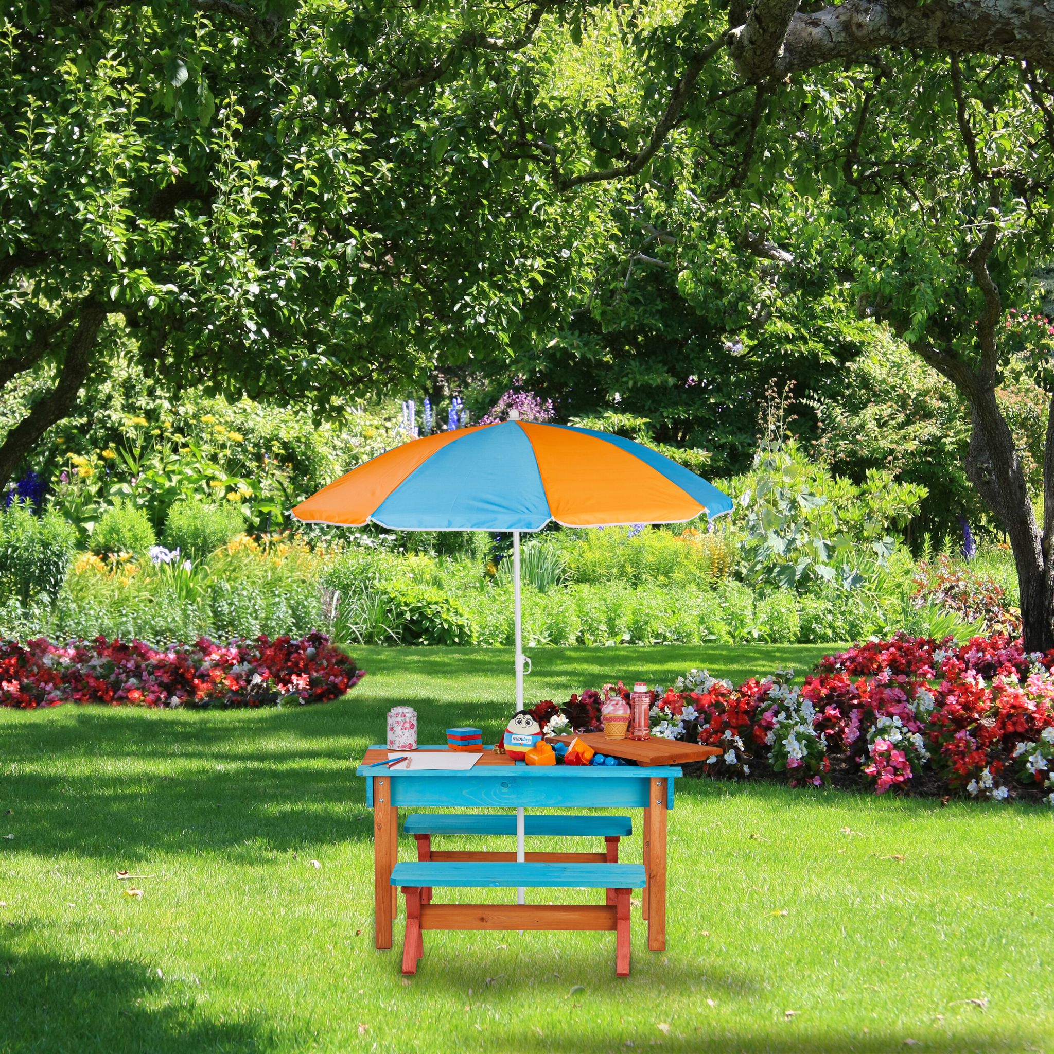 Kindersitzgruppe Garten mit Sonnenschirm Hellbraun-Orange-Türkis von Relaxdays