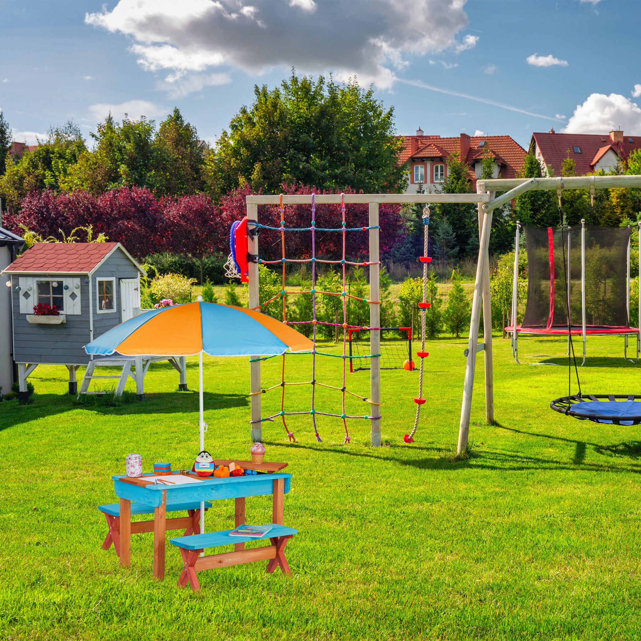 Kindersitzgruppe Garten mit Sonnenschirm Hellbraun-Orange-Türkis von Relaxdays