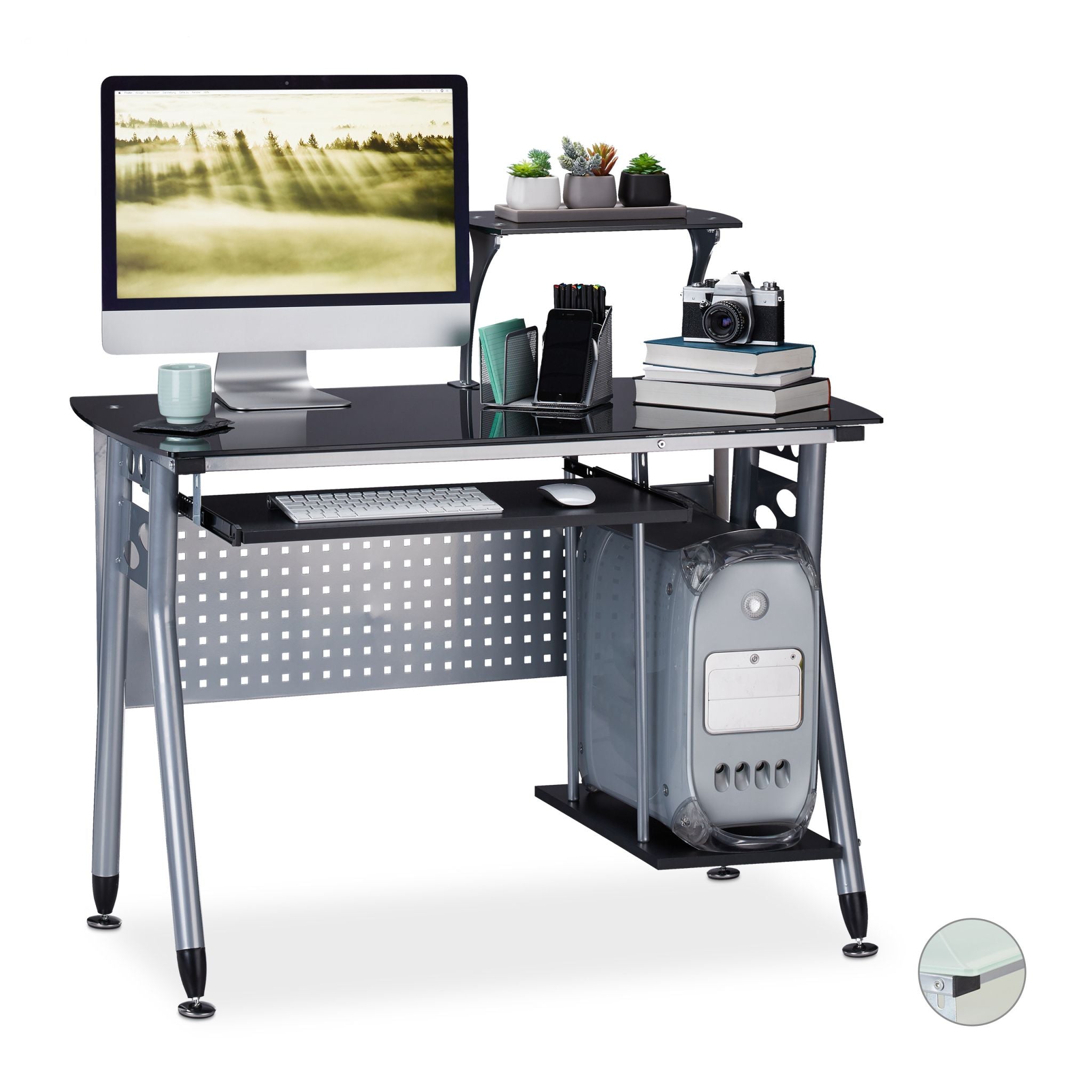 Moderner Computertisch mit Glasplatte Schwarz-Silber von Relaxdays
