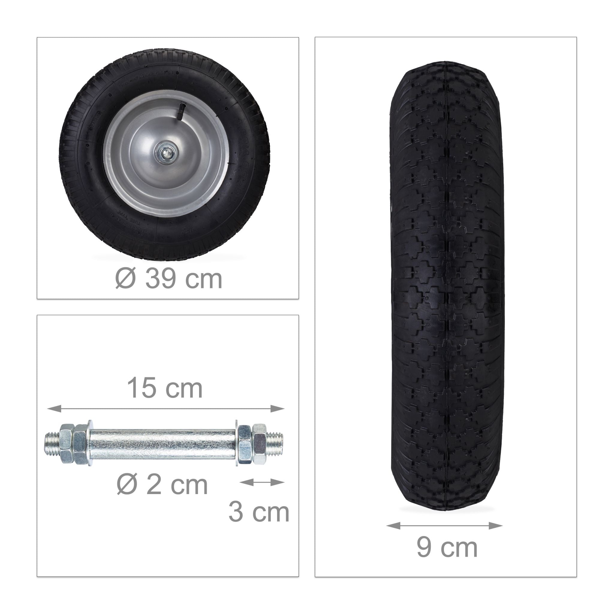 Schubkarrenrad 4.80 4.00-8 inkl. Achse Schwarz-Silber von Relaxdays