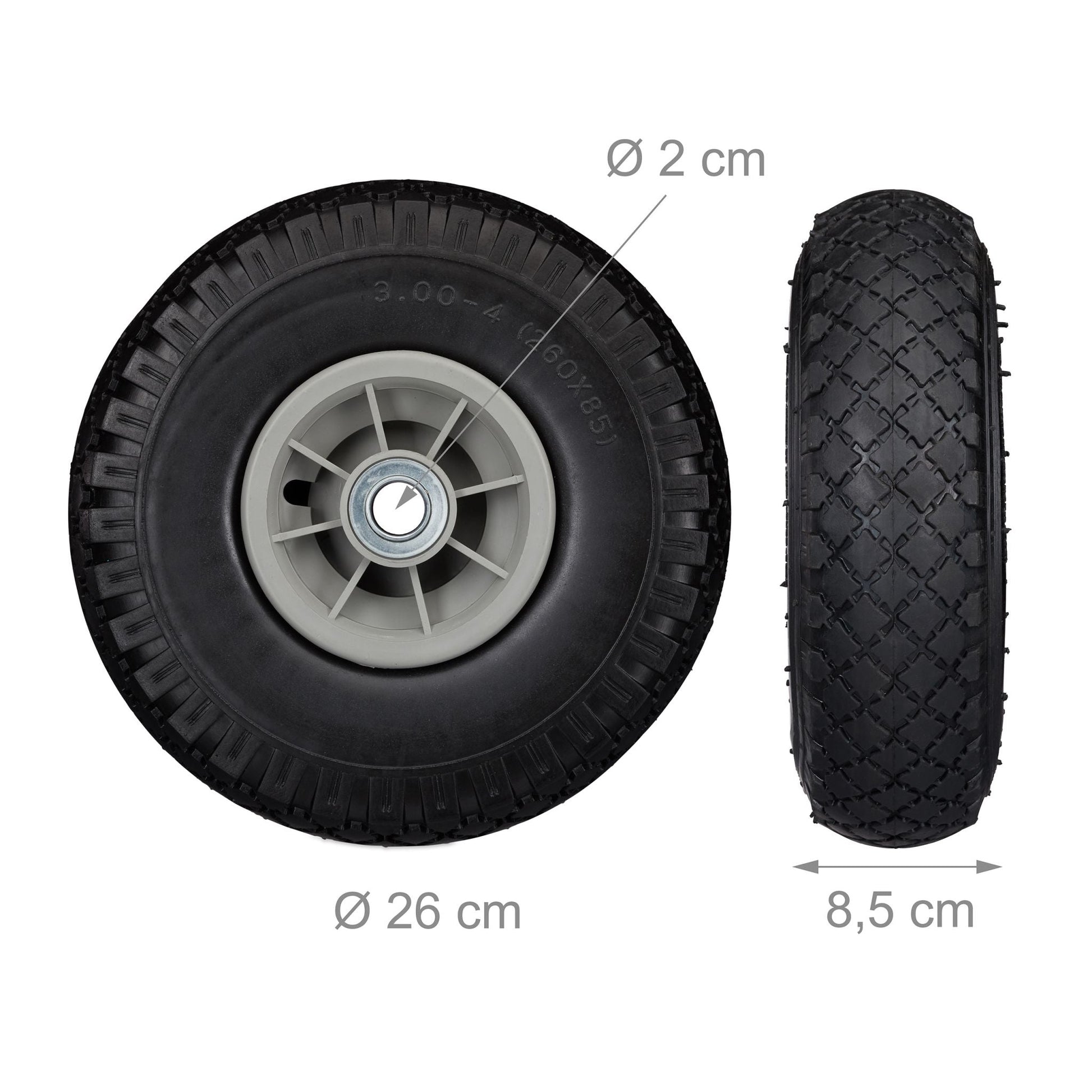 Sackkarrenrad PU 3.00-4 2er-Set Schwarz-Grau von Relaxdays