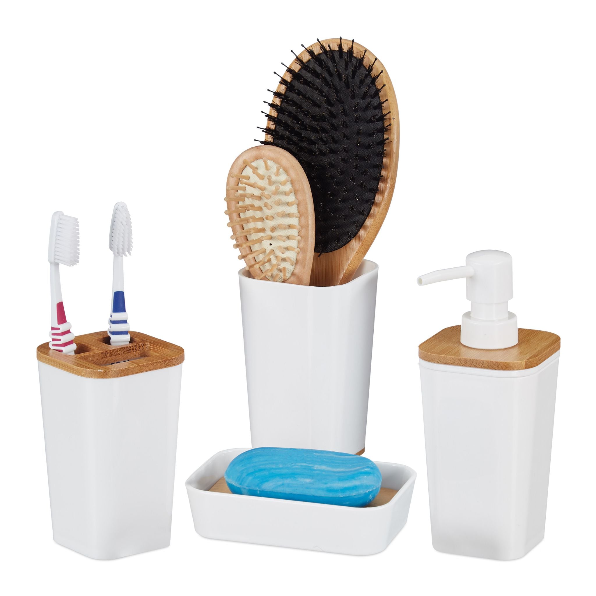 Badaccessoires Set 4-tlg. Weiss-Hellbraun von Relaxdays
