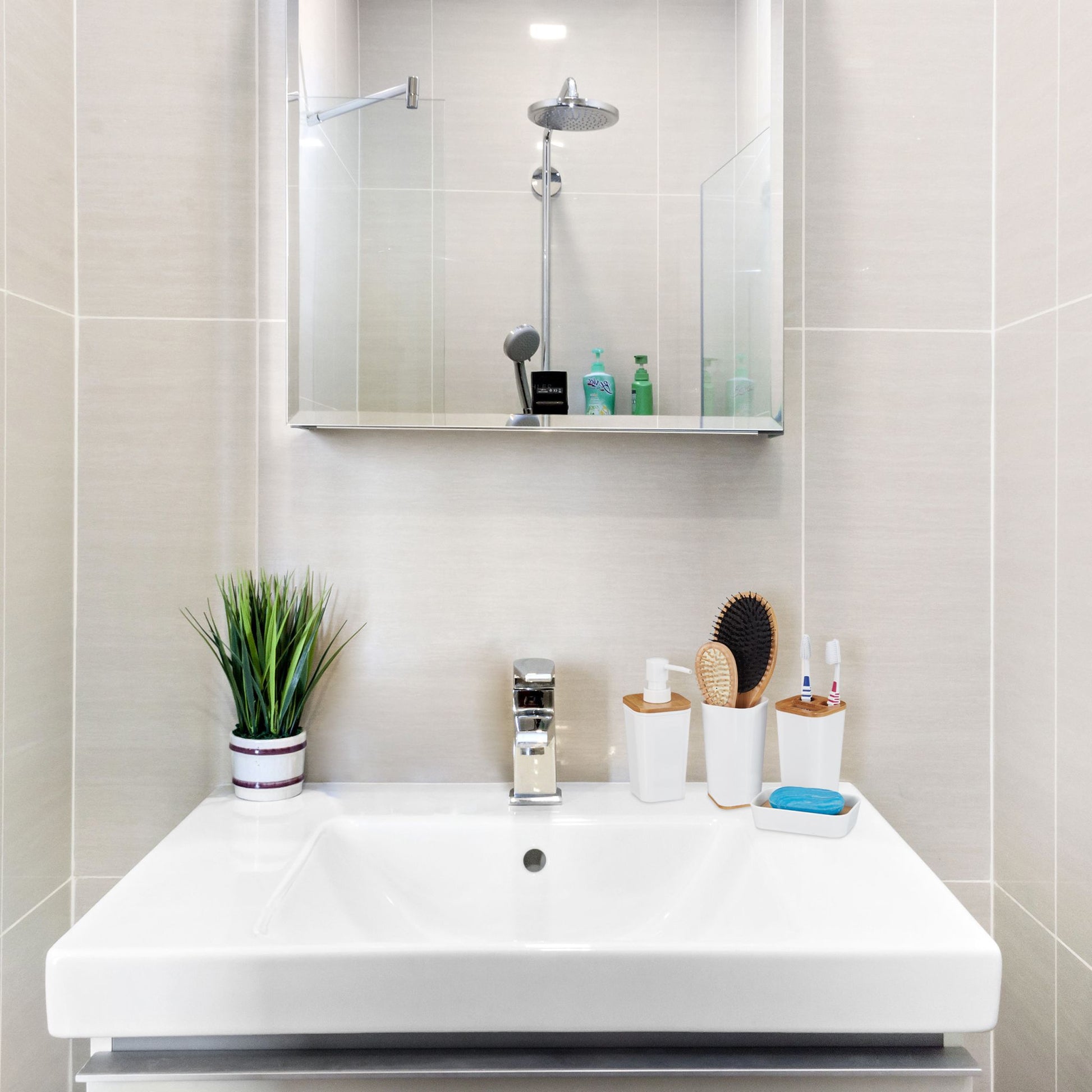 Badaccessoires Set 4-tlg. Weiss-Hellbraun von Relaxdays