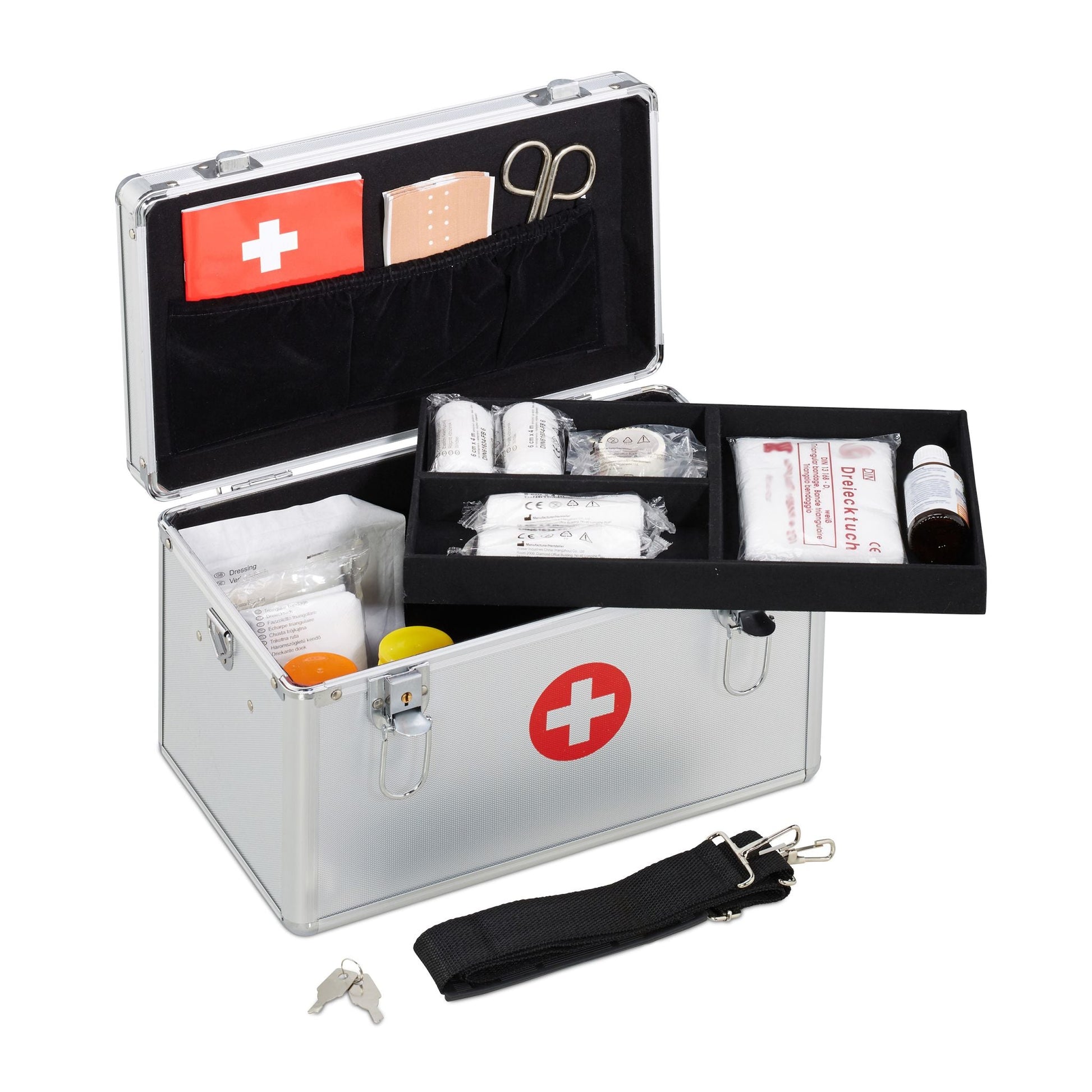 Erste Hilfe Koffer Aluminium Rot-Schwarz-Silber von Relaxdays