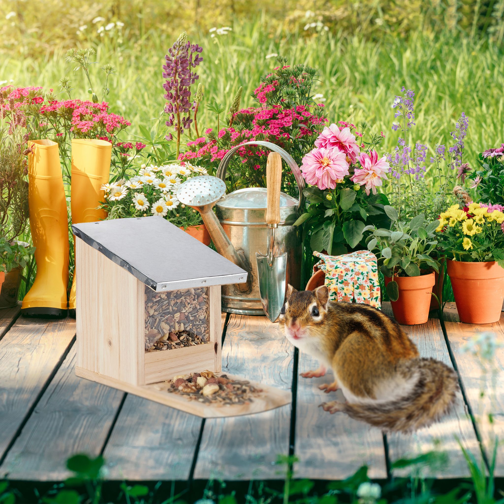Eichhörnchen Futterhaus Metalldach Dunkelbraun-Silber-Transparent von Relaxdays