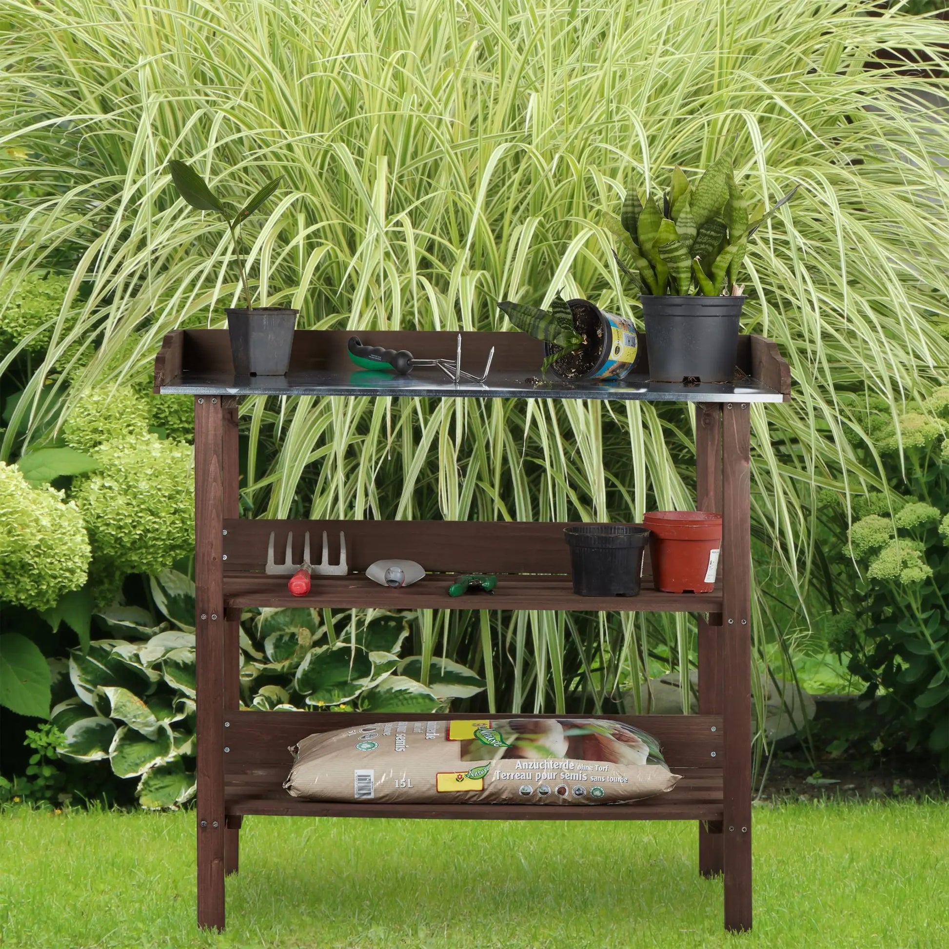 Pflanztisch Holz Dunkelbraun-Silber von Relaxdays