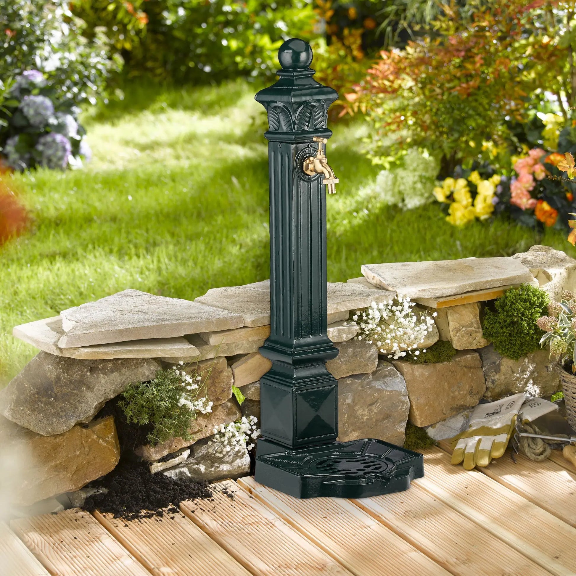 Standbrunnen Antik Säule Dunkelgrün-Gold von Relaxdays
