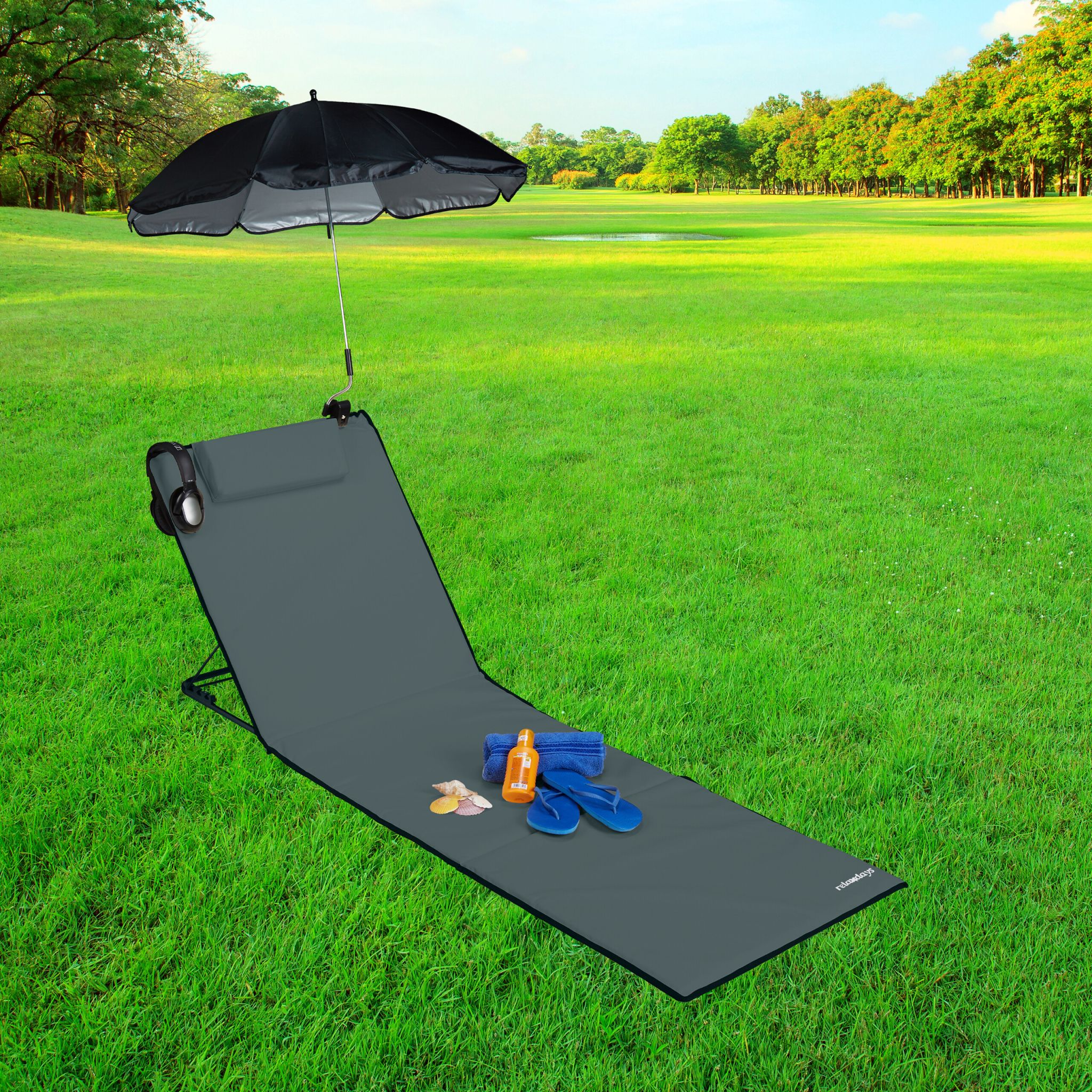 Strandmatte mit Sonnenschirm Anthrazit-Schwarz