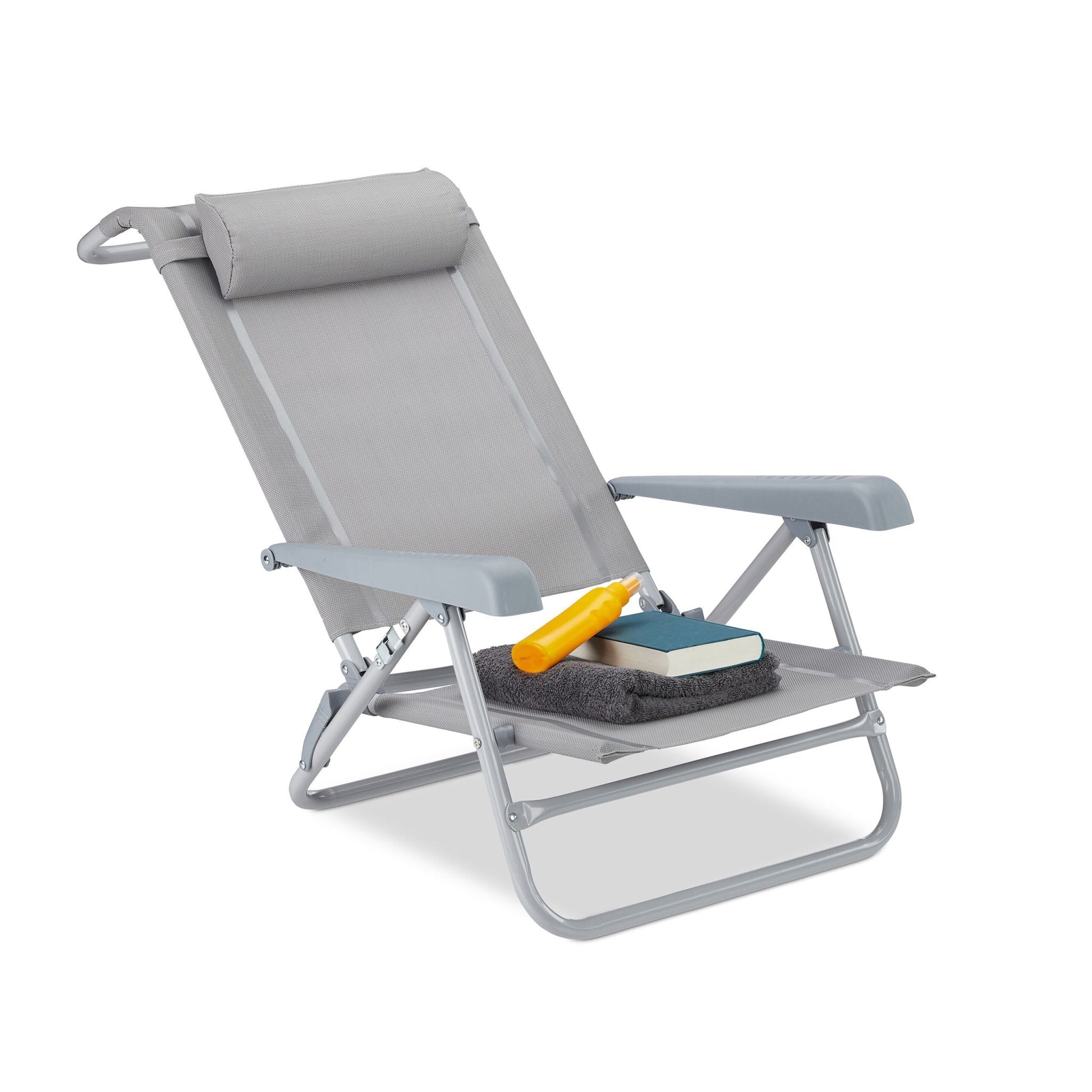 Klappbarer Liegestuhl mit Nackenkissen Grau von Relaxdays