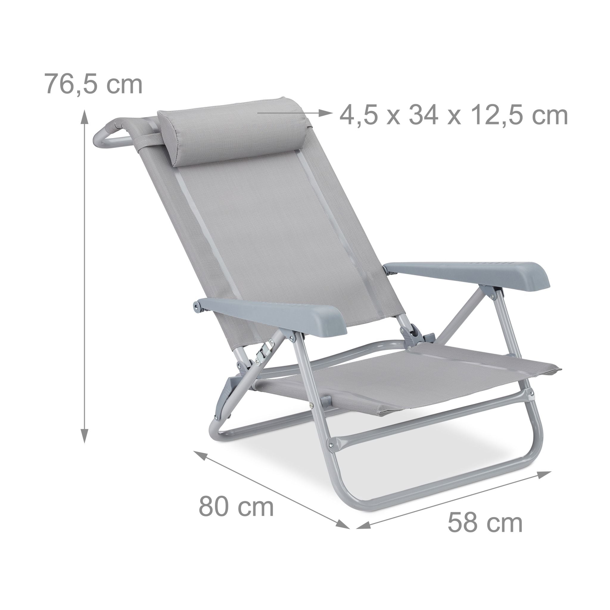 Klappbarer Liegestuhl mit Nackenkissen Grau von Relaxdays