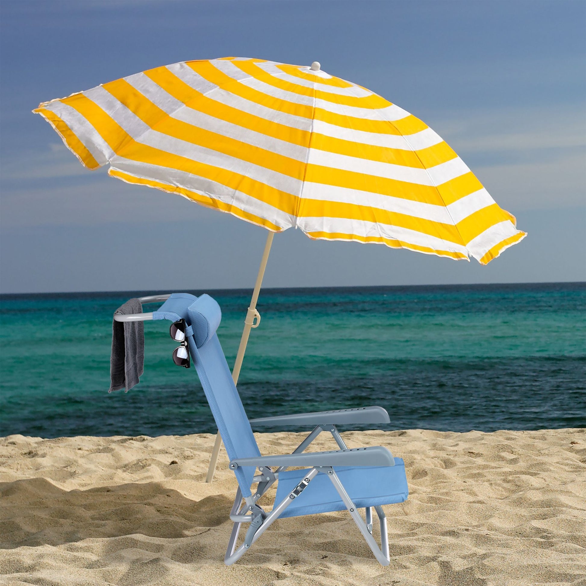 Klappbarer Liegestuhl mit Nackenkissen Hellblau-Grau von Relaxdays
