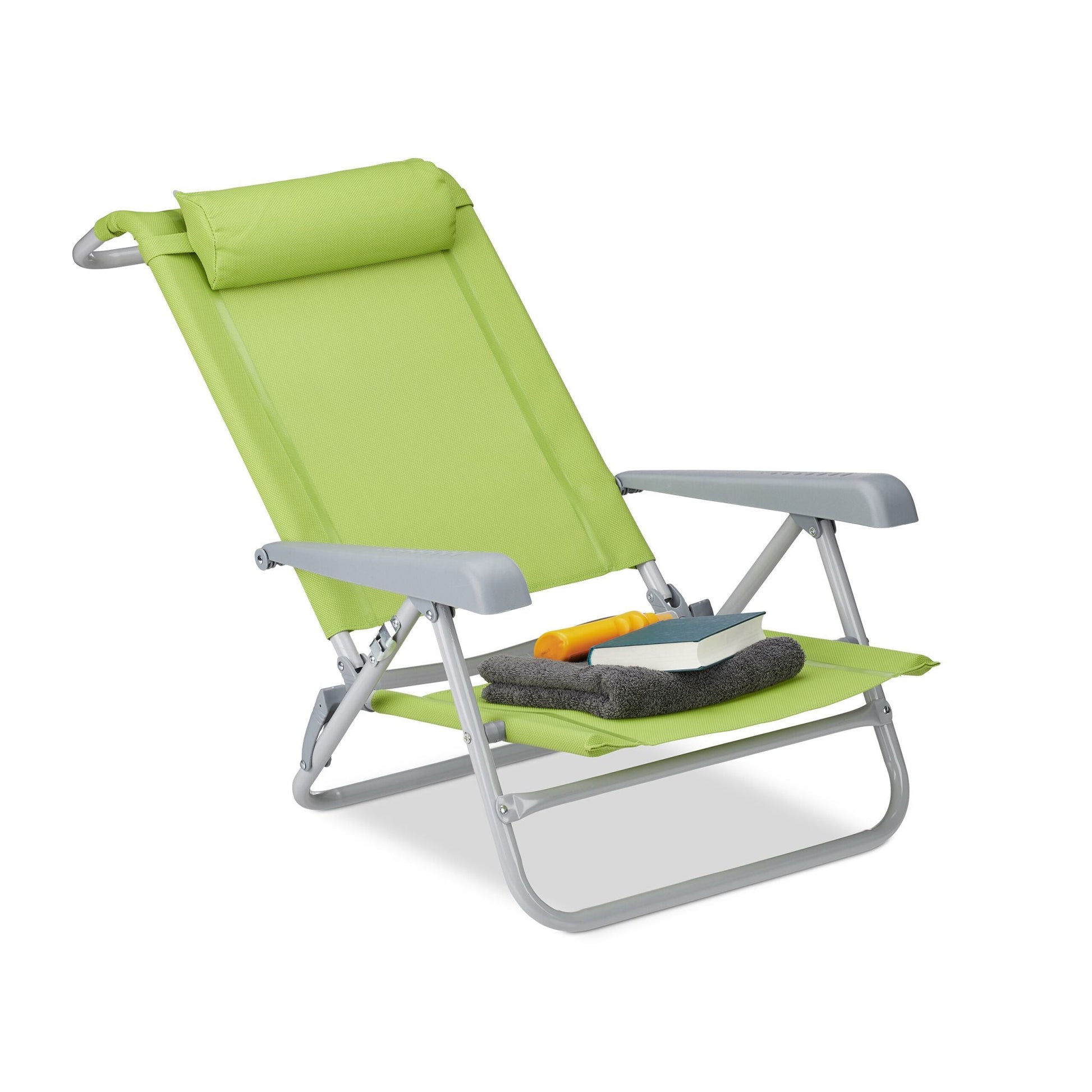 Klappbarer Liegestuhl mit Nackenkissen Grün-Grau von Relaxdays