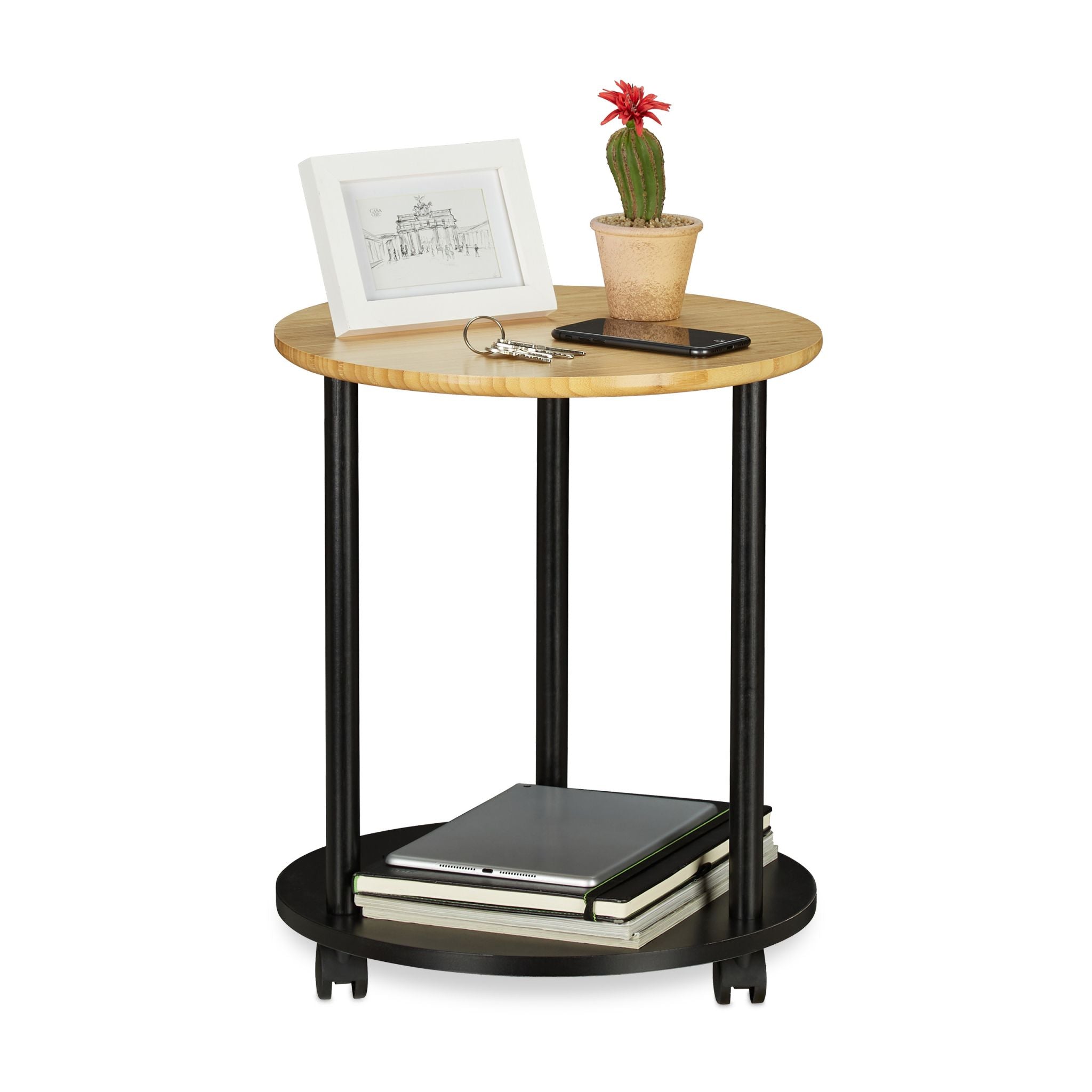 Beistelltisch rund mit Rollen Hellbraun-Schwarz von Relaxdays