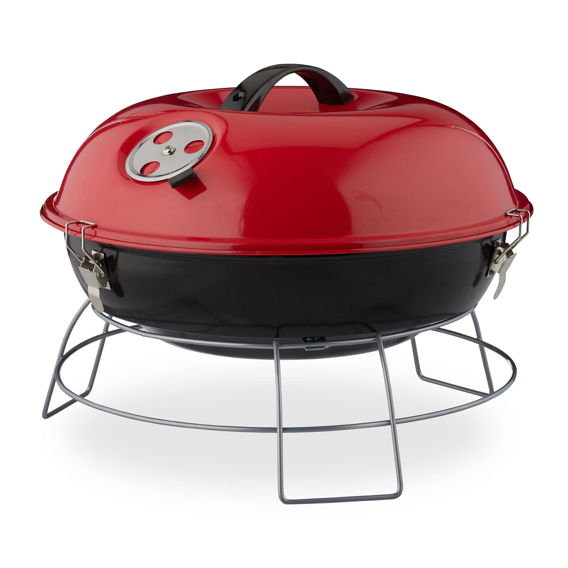 Kugelgrill tragbar Rot-Schwarz-Silber von Relaxdays