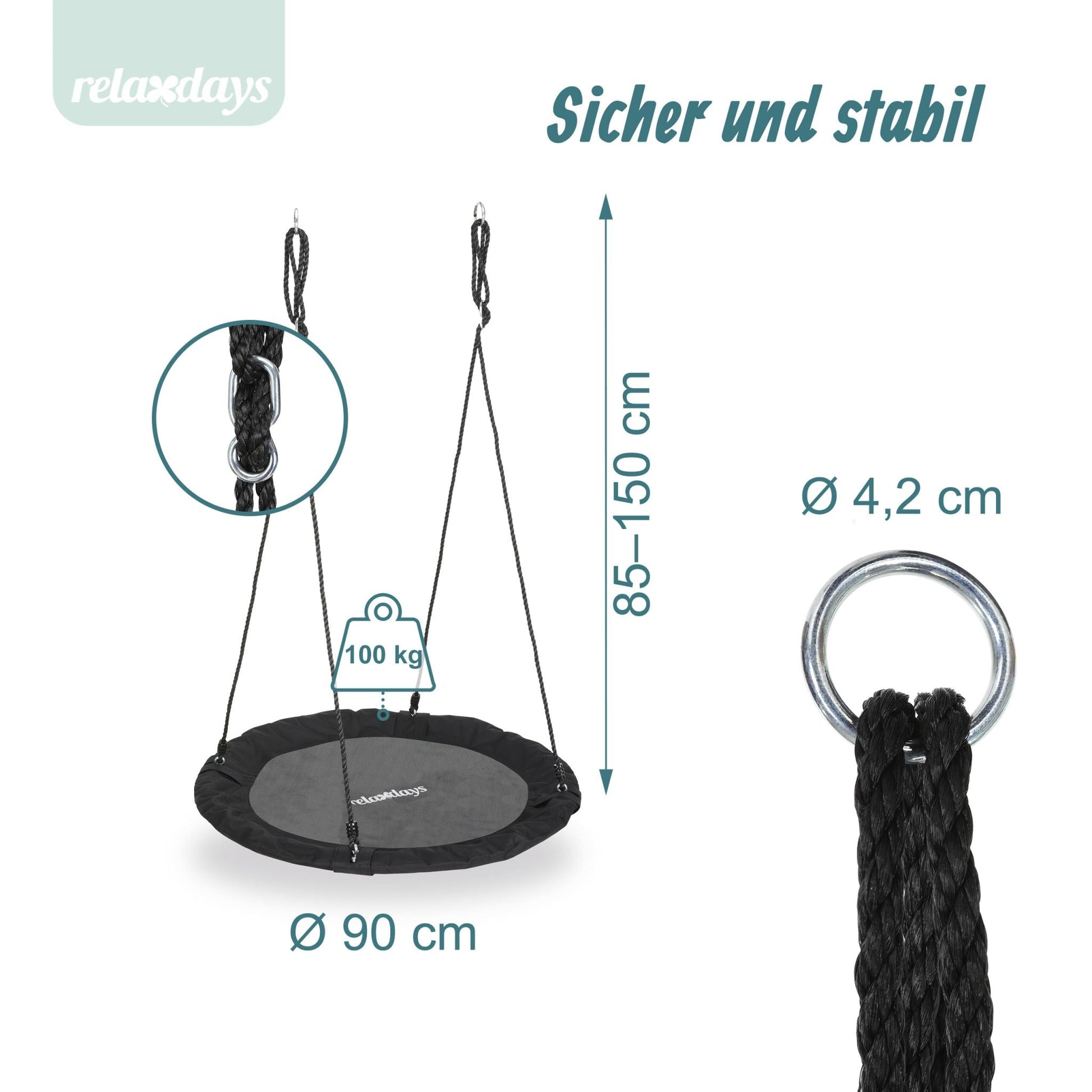 Nestschaukel 90cm Weiss-Schwarz-Grau von Relaxdays