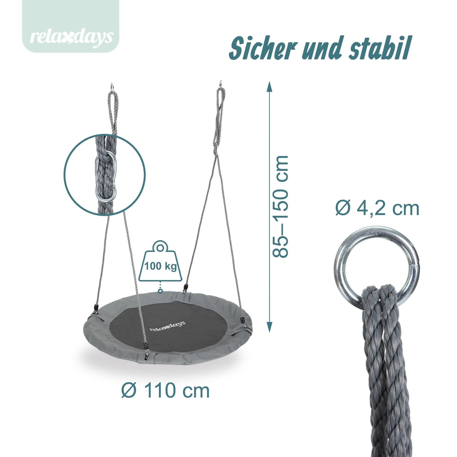 Nestschaukel 110cm Weiss-Schwarz-Grau von Relaxdays