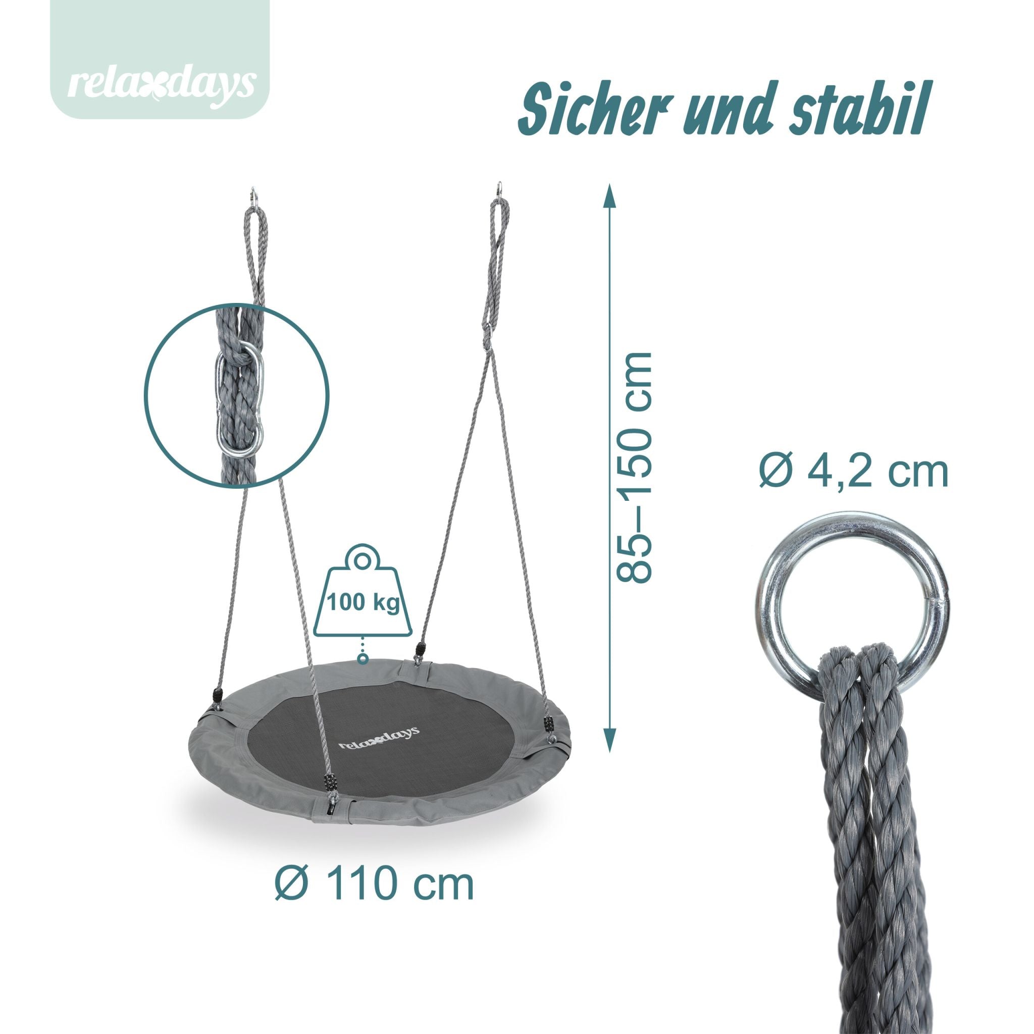 Nestschaukel 110cm Weiss-Schwarz-Grau von Relaxdays