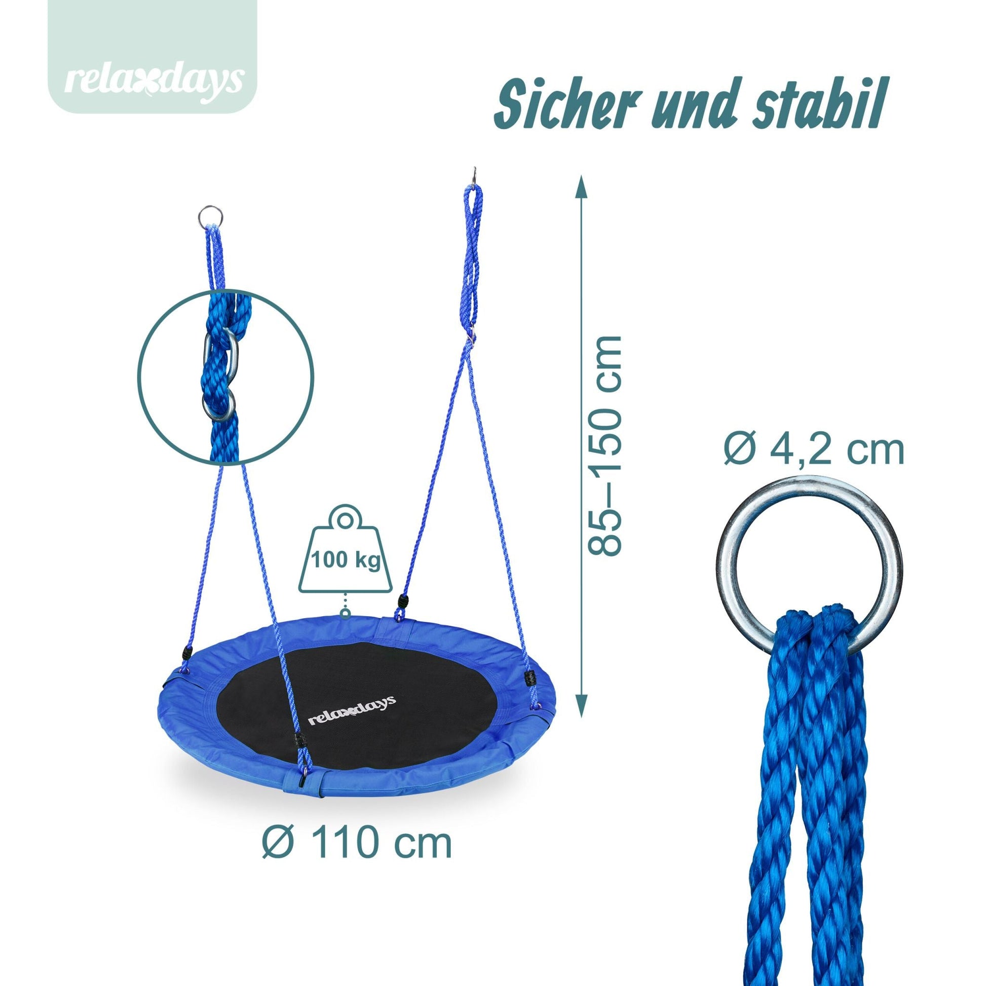 Nestschaukel 110cm Weiss-Blau-Schwarz von Relaxdays