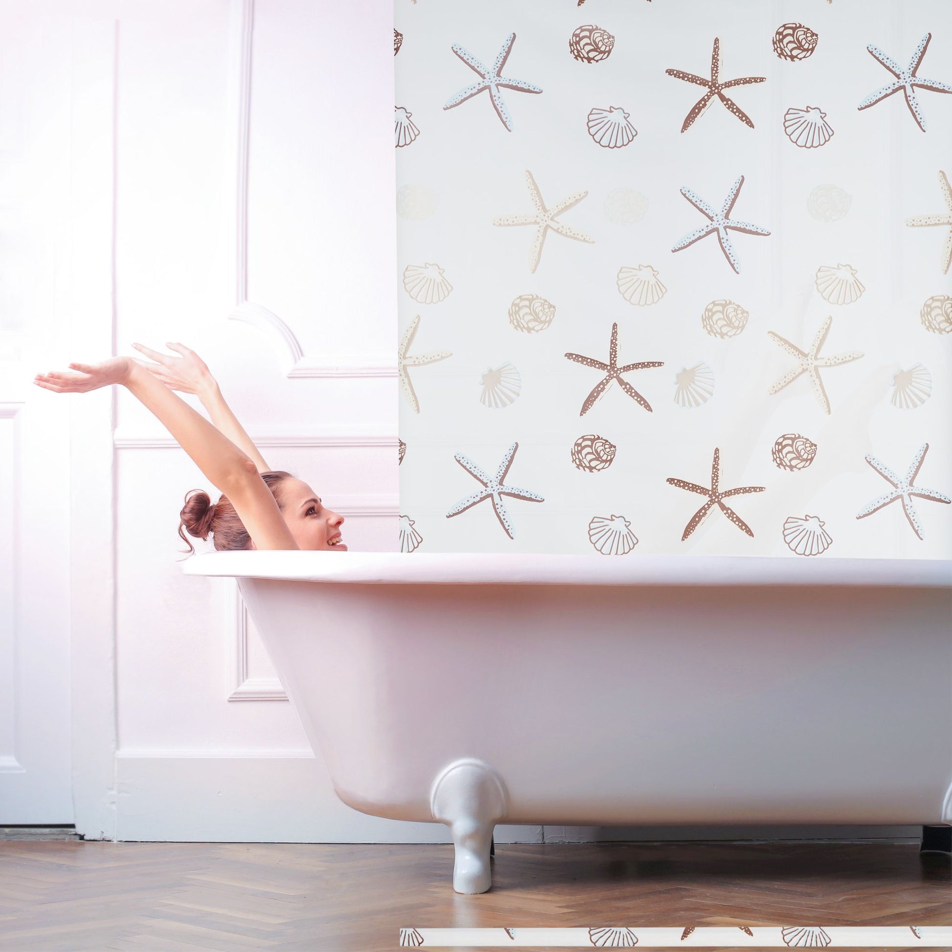 Duschrollo OCEAN Weiss-Braun-Hellblau von Relaxdays