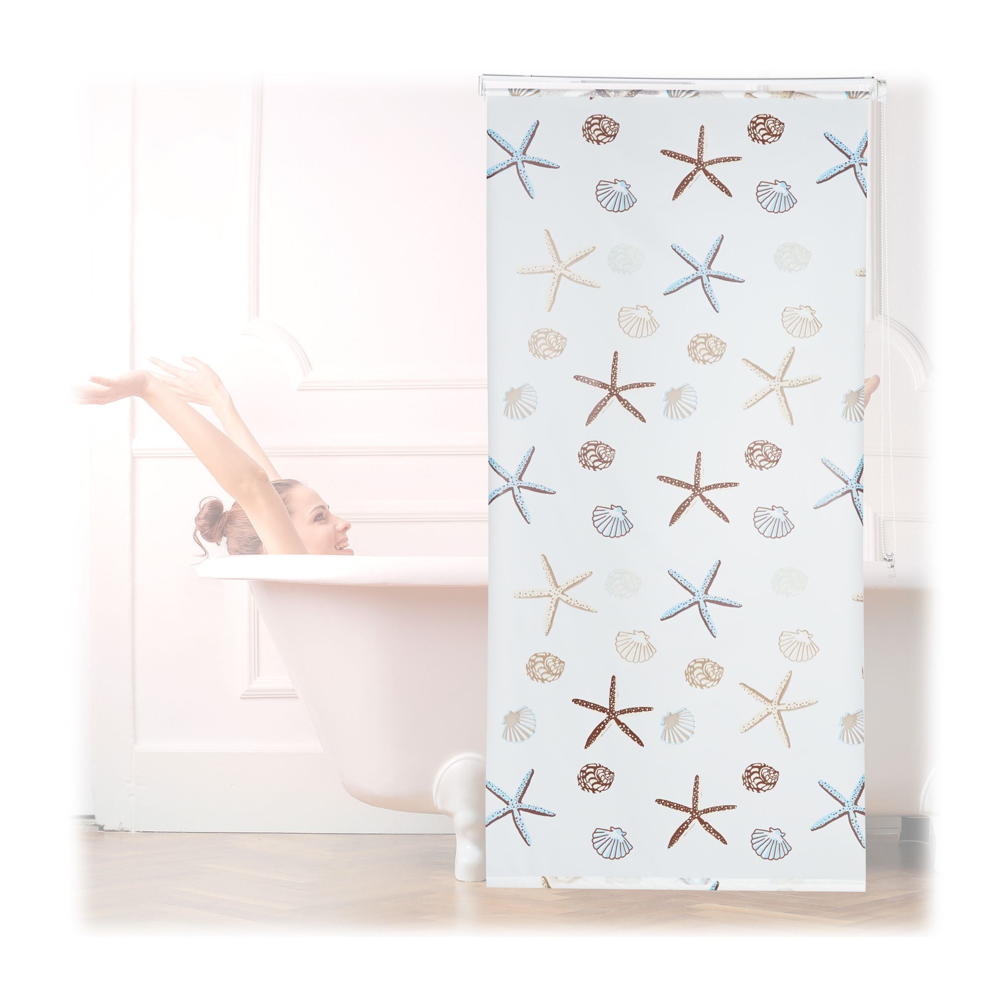 Duschrollo OCEAN Weiss-Braun-Hellblau von Relaxdays