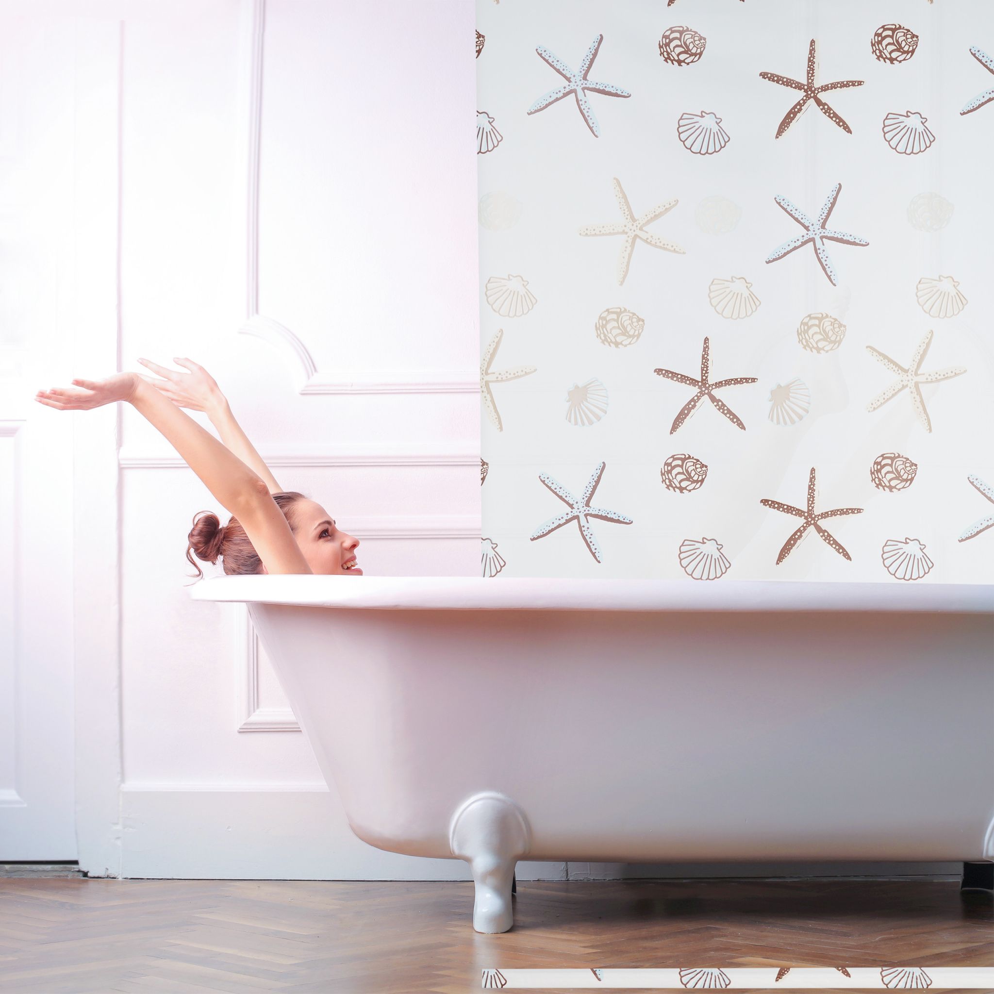 Duschrollo OCEAN Weiss-Braun-Hellblau von Relaxdays