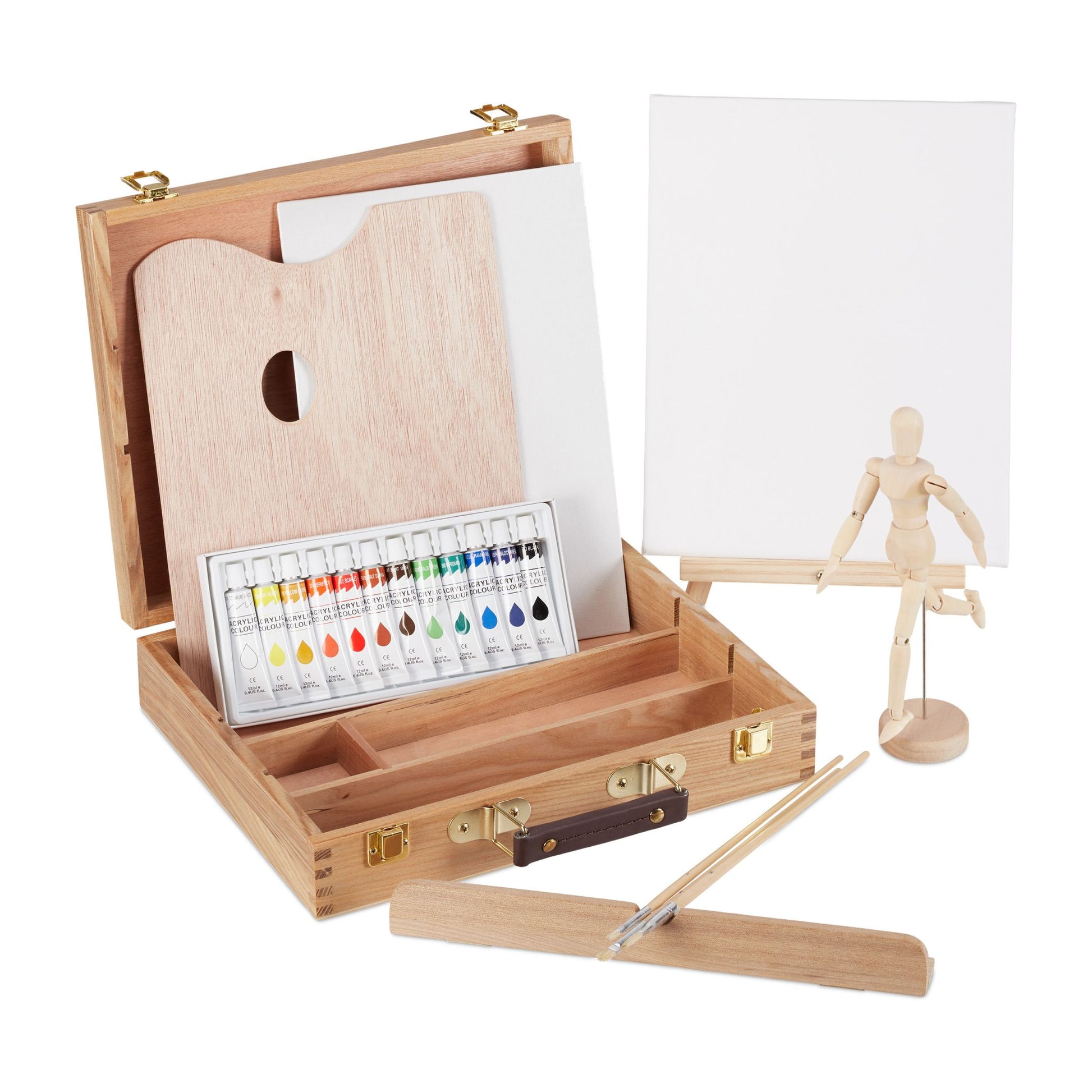 Malkoffer Holz 22-teilig Braun-Creme-Hellbraun von Relaxdays