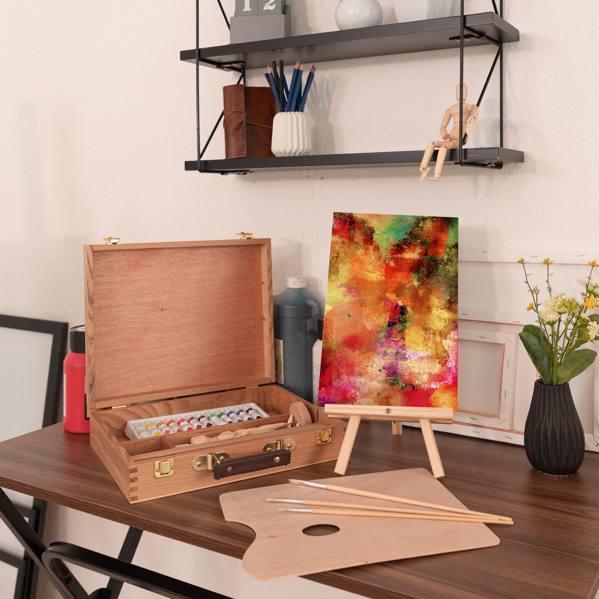 Malkoffer Holz 22-teilig Braun-Creme-Hellbraun von Relaxdays