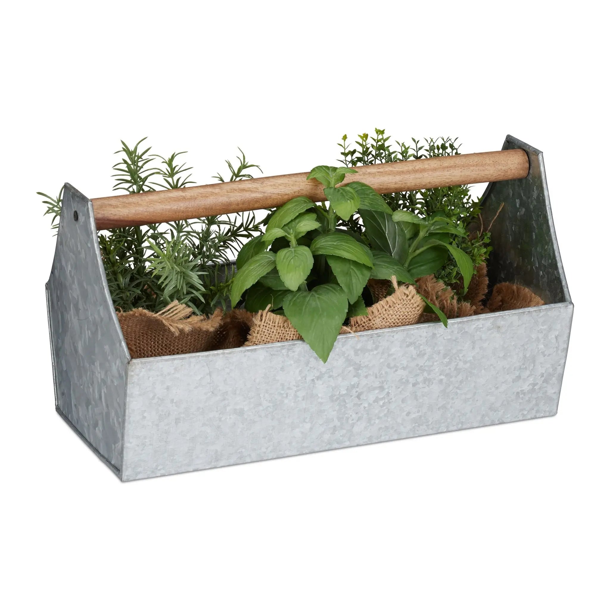 Blumenkasten mit Holzgriff Braun-Silber von Relaxdays