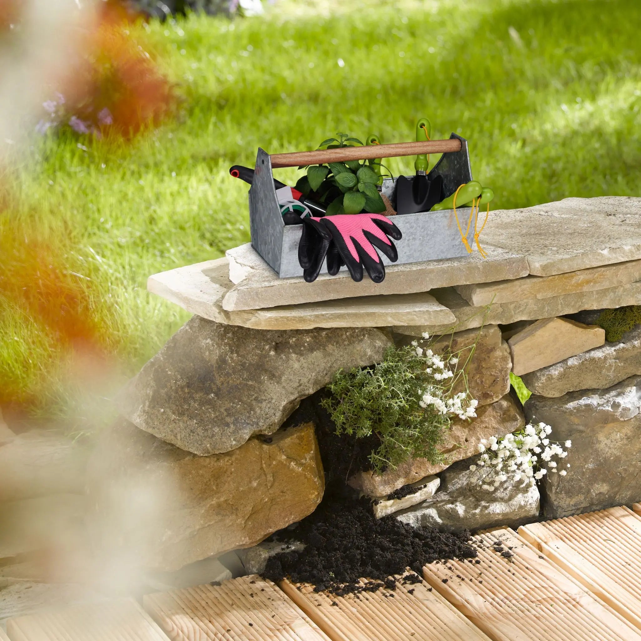 Blumenkasten mit Holzgriff Braun-Silber von Relaxdays