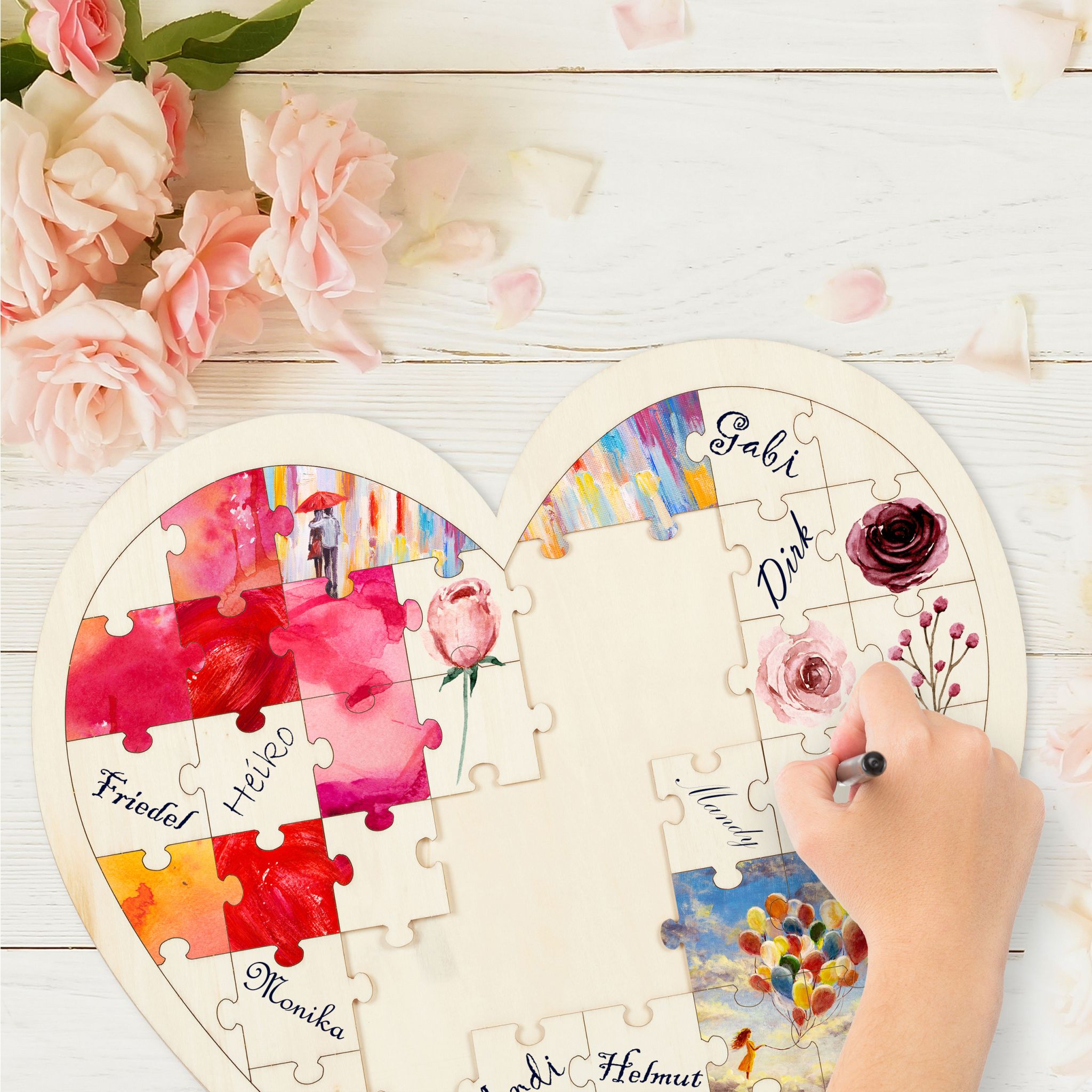 Herzpuzzle Hochzeit Holz Creme von Relaxdays