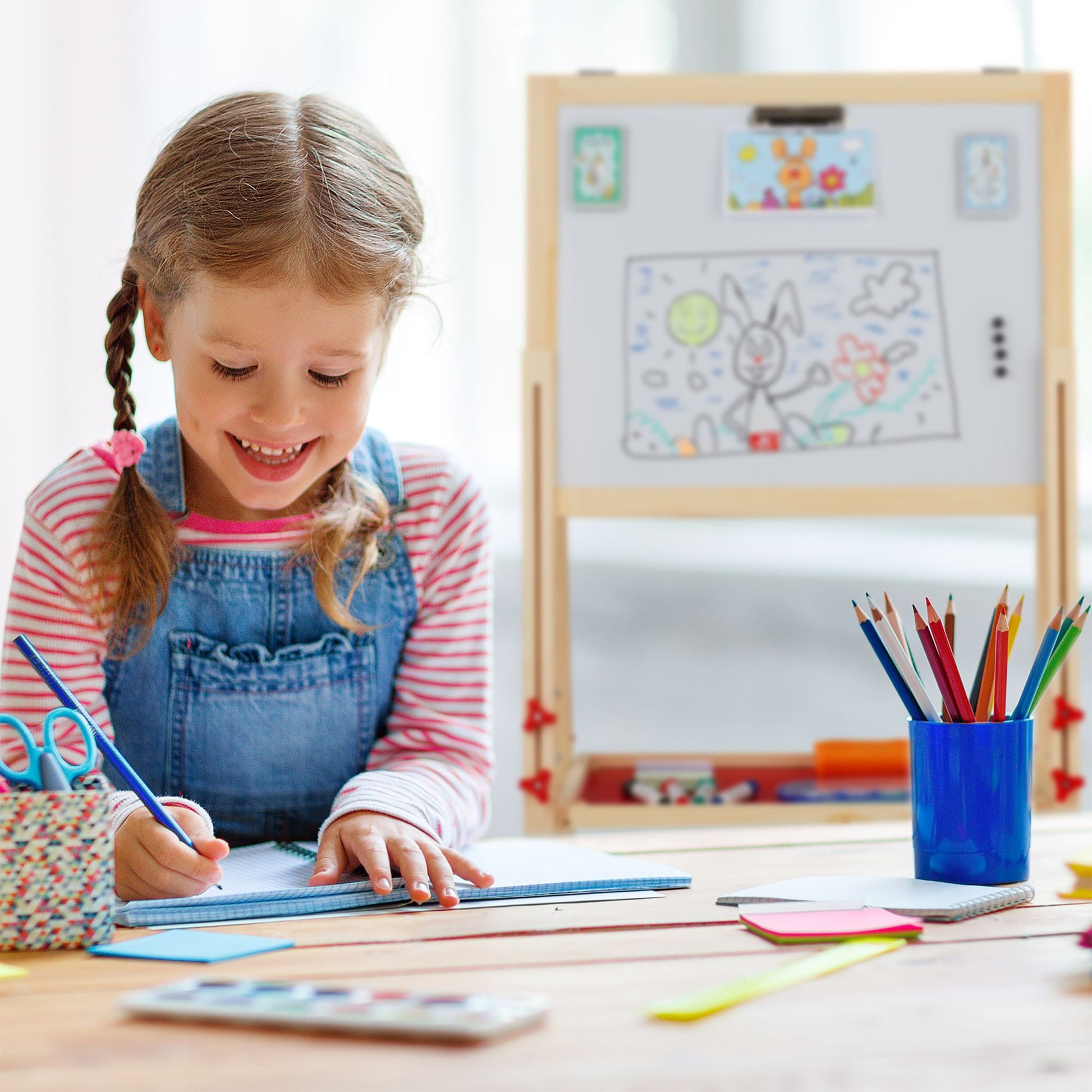 Doppelseitige Standtafel für Kinder Weiss-Dunkelgrün-Hellbraun von Relaxdays