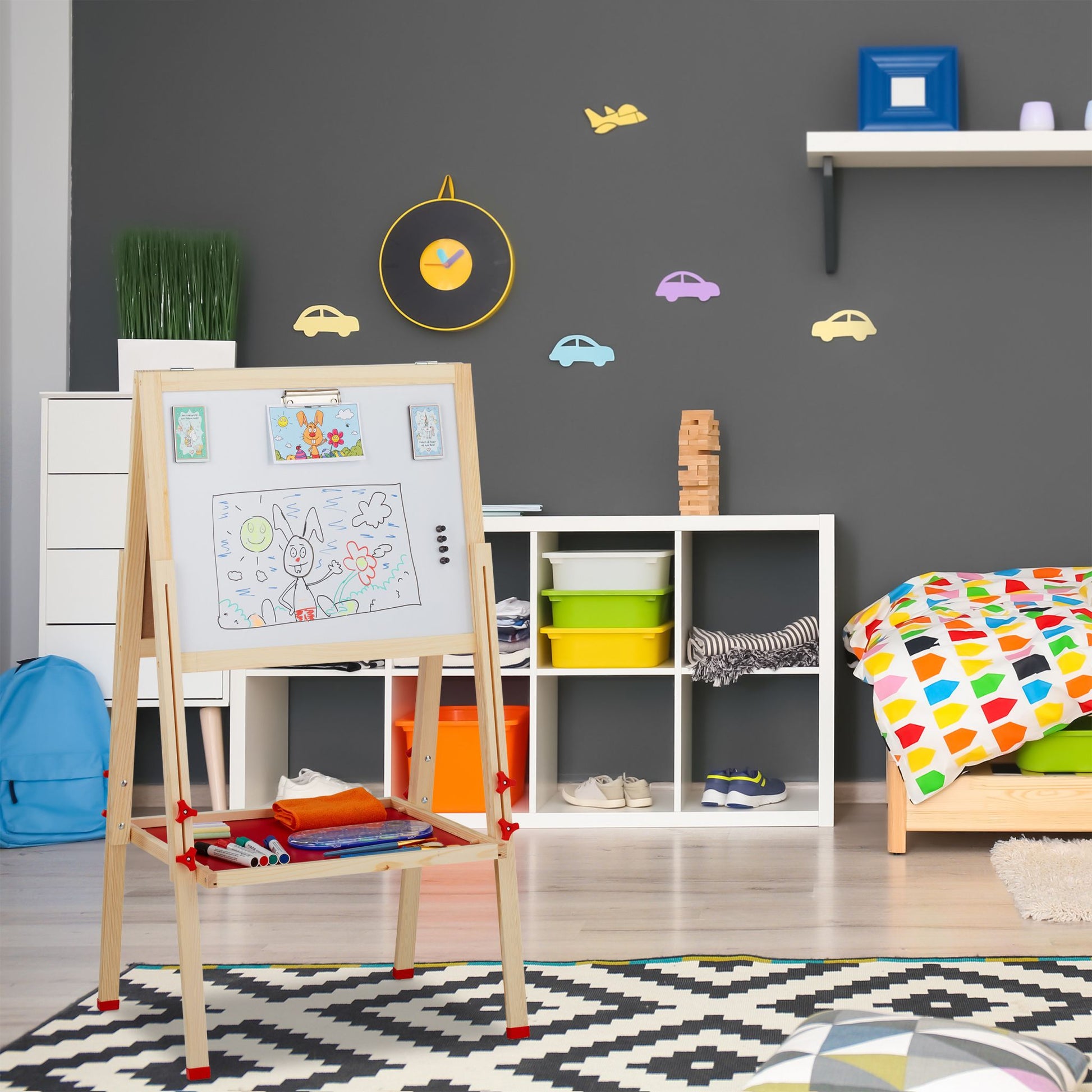 Doppelseitige Standtafel für Kinder Weiss-Dunkelgrün-Hellbraun von Relaxdays