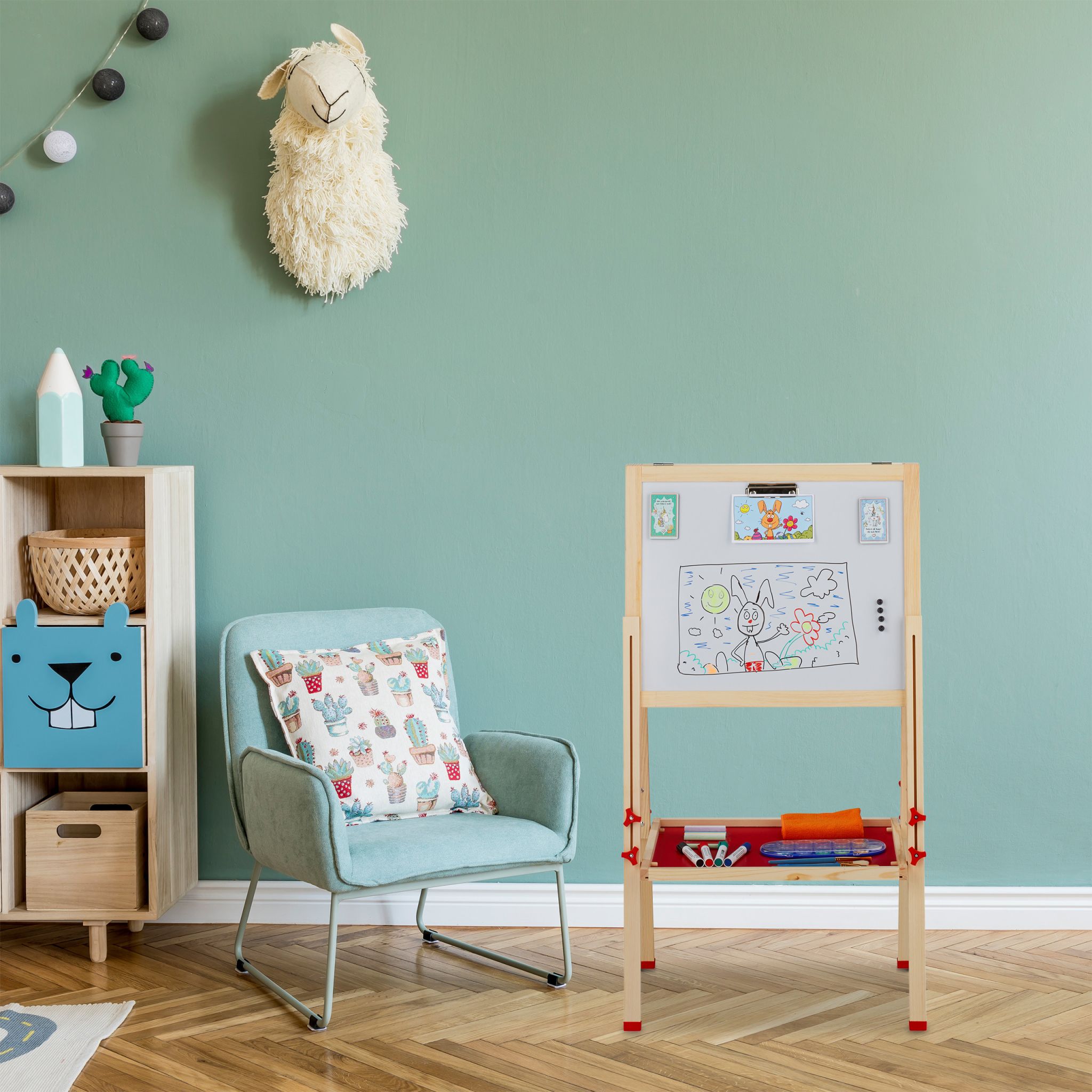 Doppelseitige Standtafel für Kinder Weiss-Dunkelgrün-Hellbraun von Relaxdays