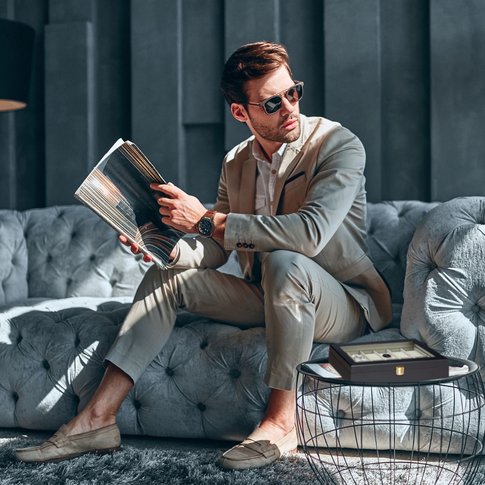 Uhrenbox mit 12 Fächern Creme-Schwarz-Transparent von Relaxdays