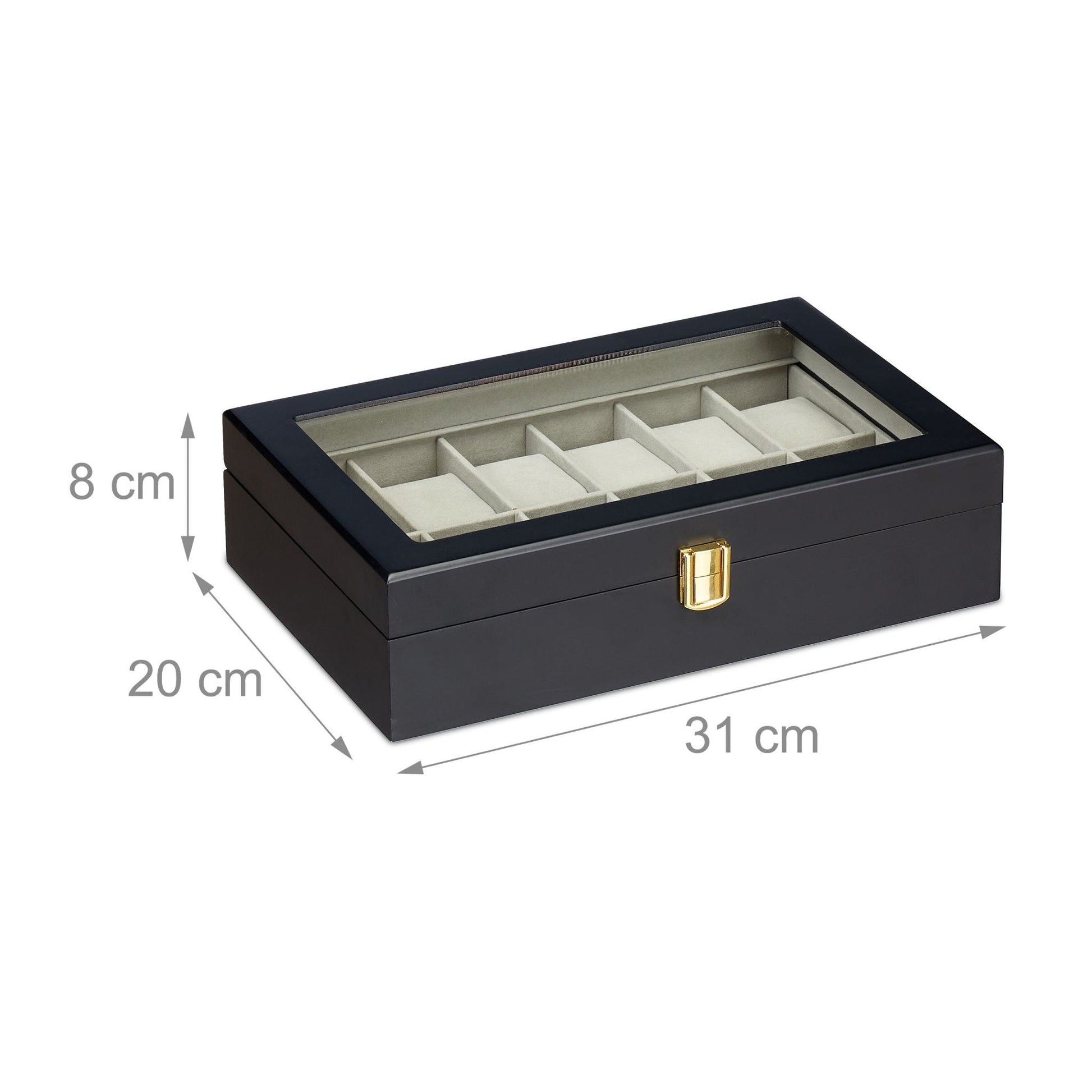 Uhrenbox mit 12 Fächern Creme-Schwarz-Transparent von Relaxdays