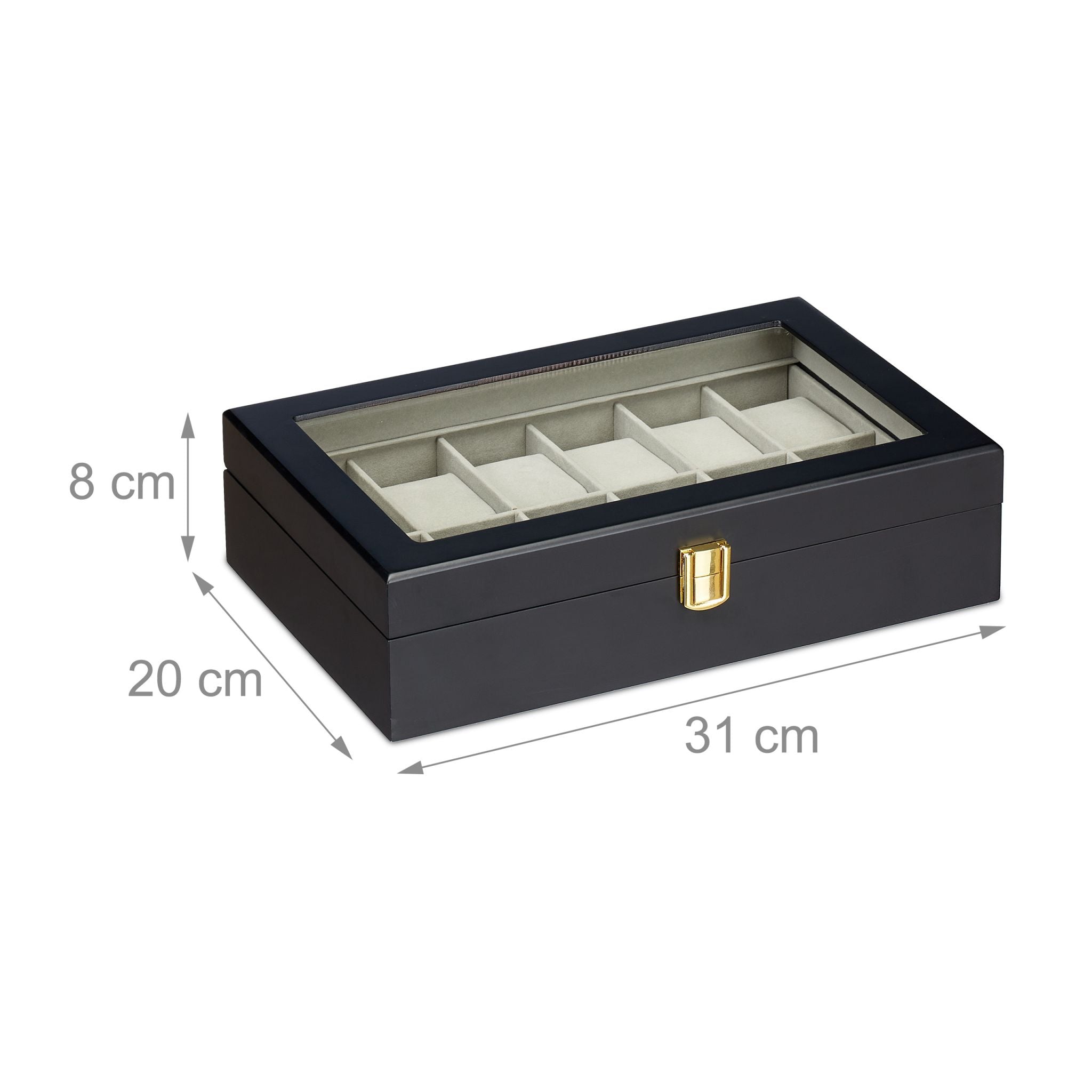 Uhrenbox mit 12 Fächern Creme-Schwarz-Transparent von Relaxdays