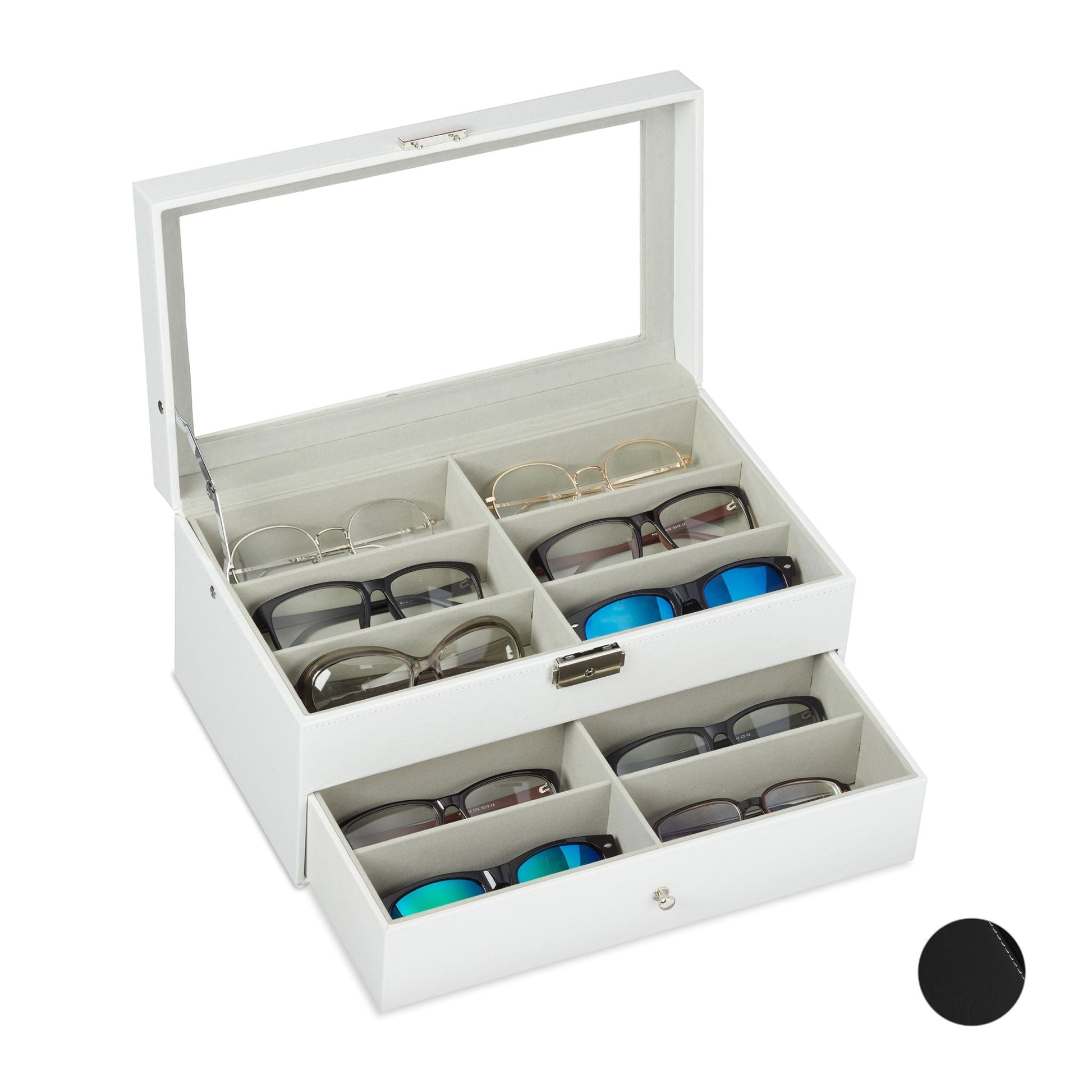 Brillenbox für 12 Brillen Weiss-Transparent-Grau von Relaxdays