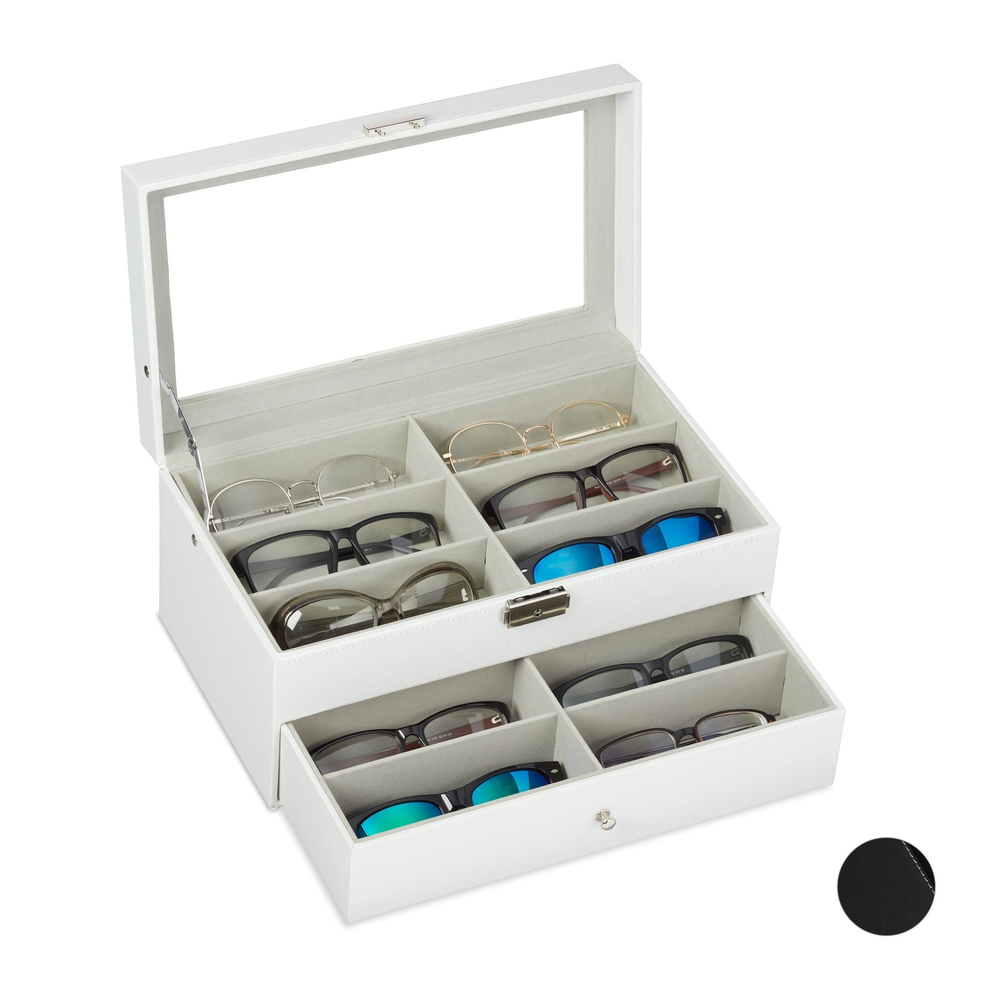 Brillenbox für 12 Brillen Weiss-Transparent-Grau von Relaxdays