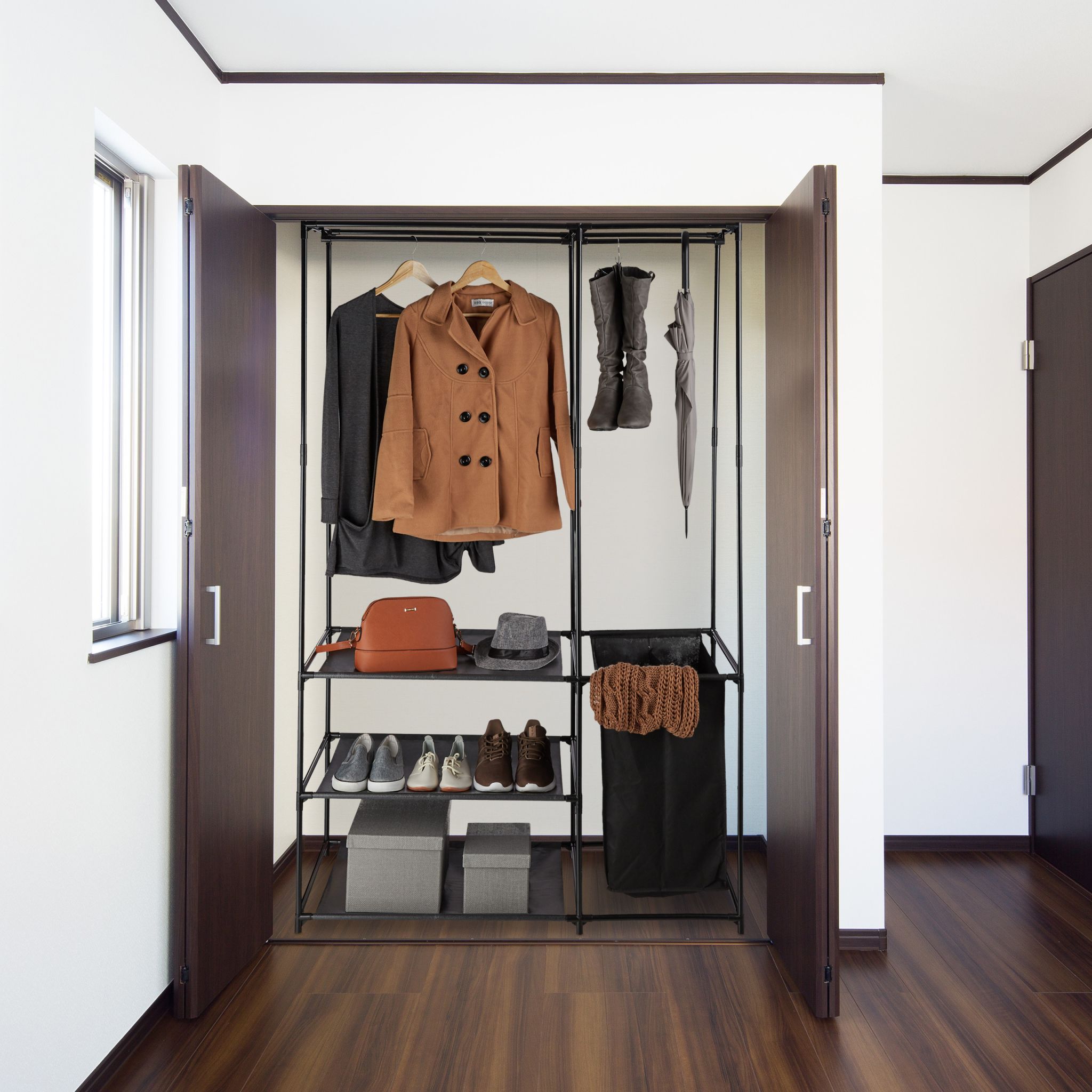 Offener Kleiderschrank mit Wäschekorb Schwarz von Relaxdays