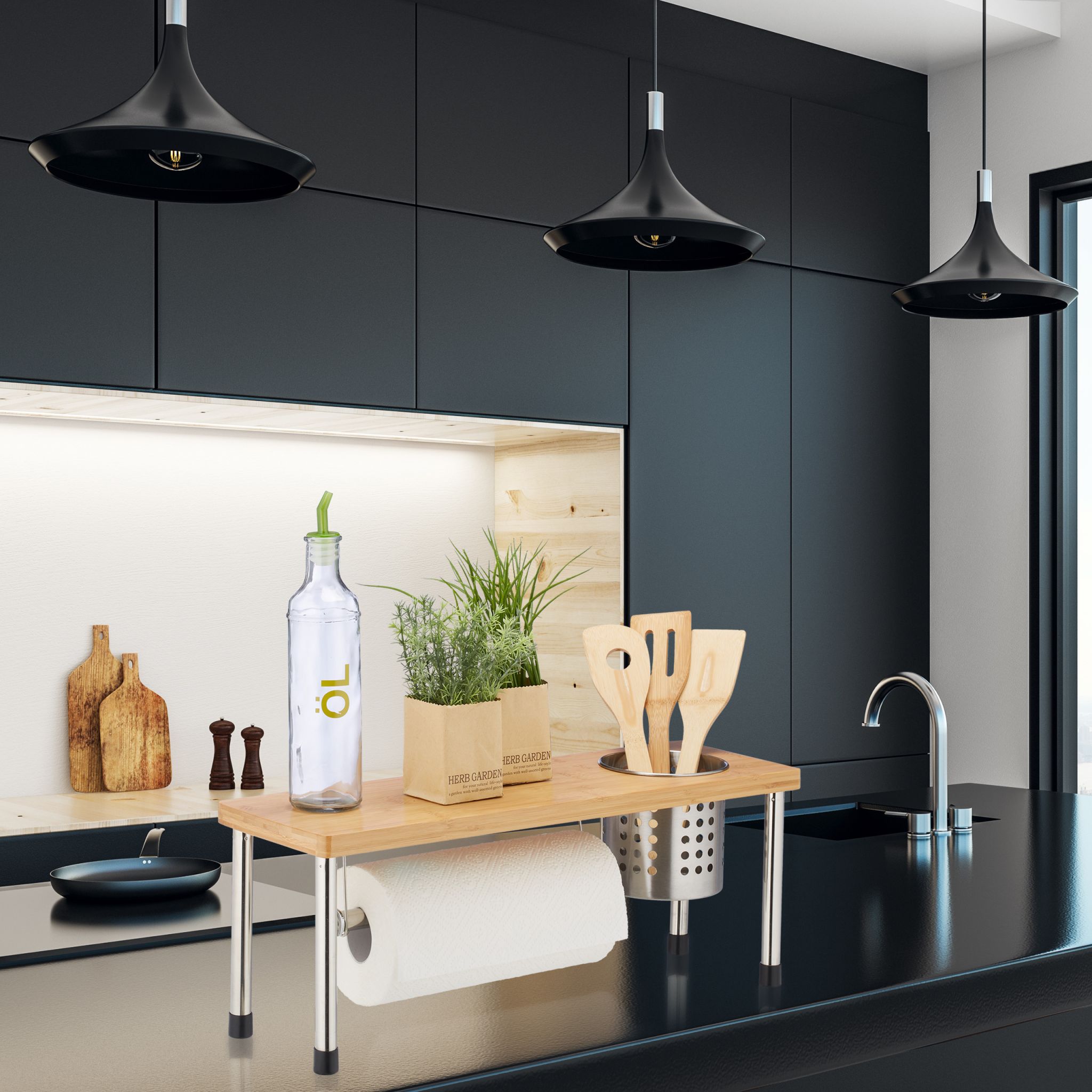Küchenregal Arbeitsplatte Hellbraun-Schwarz-Silber von Relaxdays