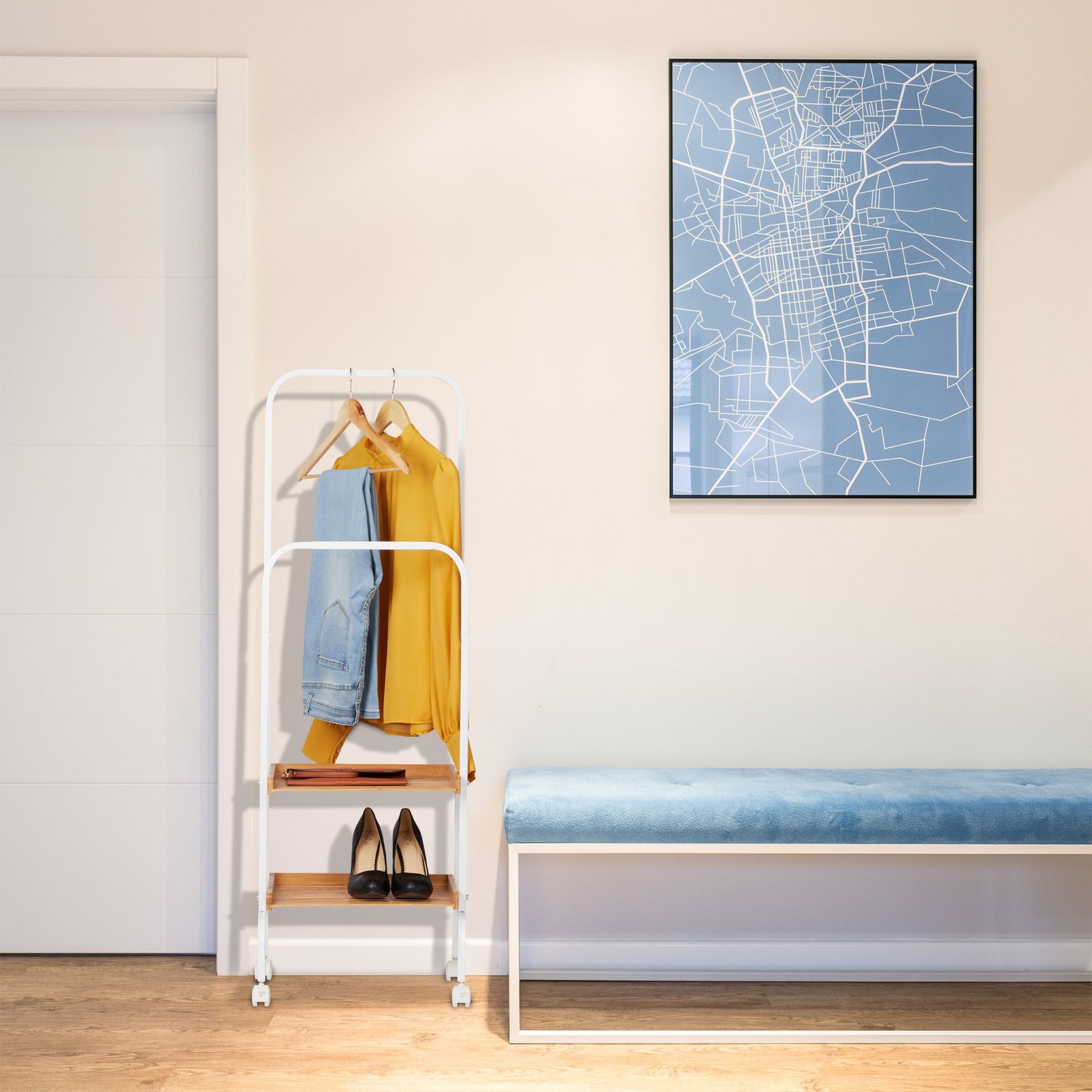 Stummer Diener auf Rollen mit 2 Ablagen Weiss-Hellbraun von Relaxdays