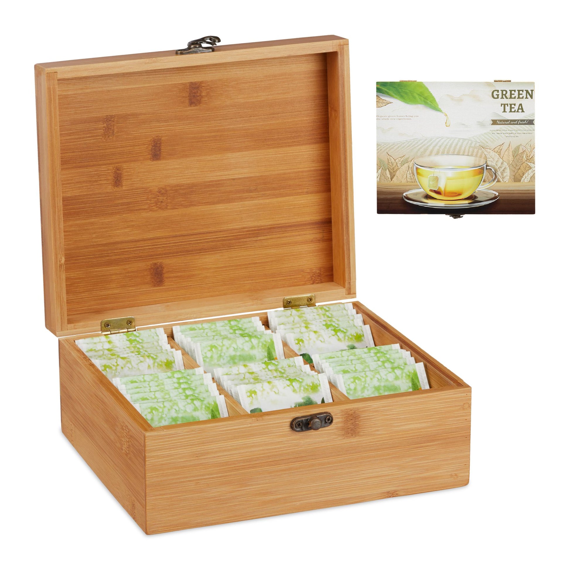 Teebox Bambus mit 6 Fächern Hellbraun von Relaxdays