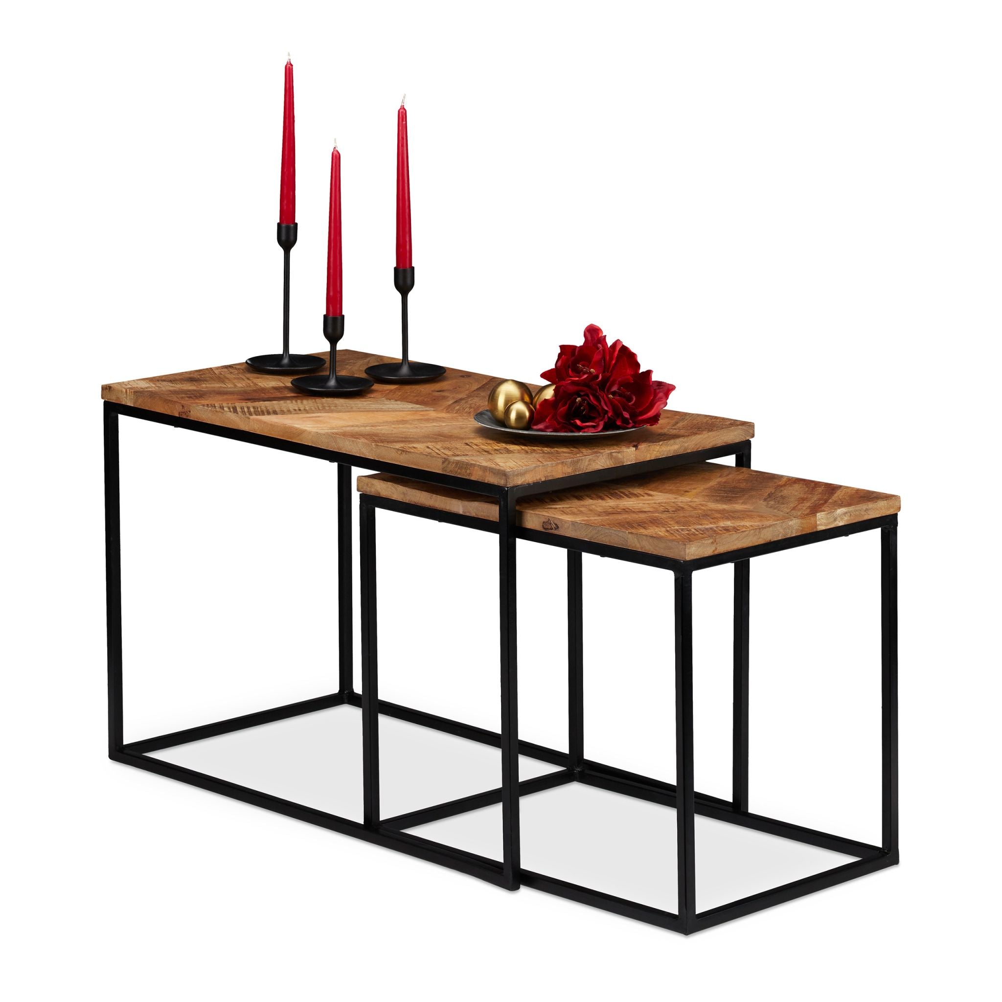 Couchtisch Mangoholz 2er-Set Hellbraun-Schwarz von Relaxdays